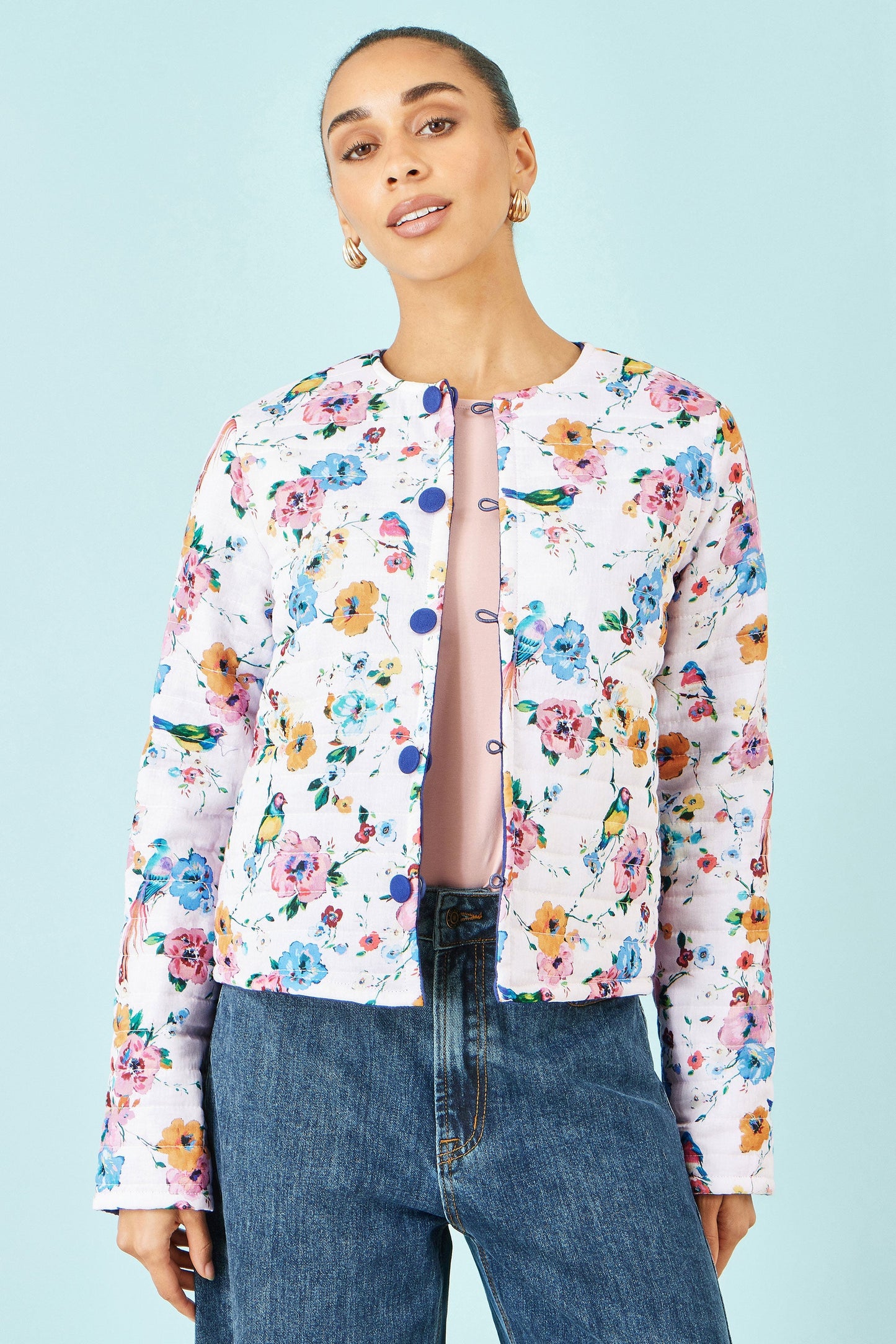 Blue Floral Embroidery Reversible Cotton Jacket