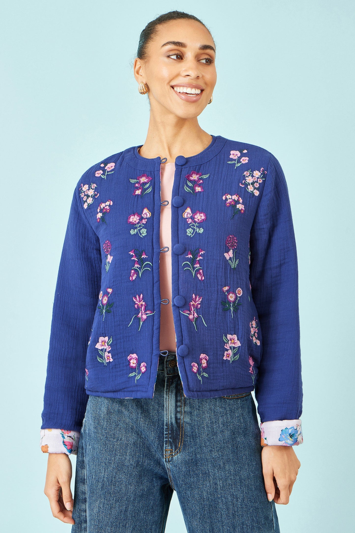 Blue Floral Embroidery Reversible Cotton Jacket