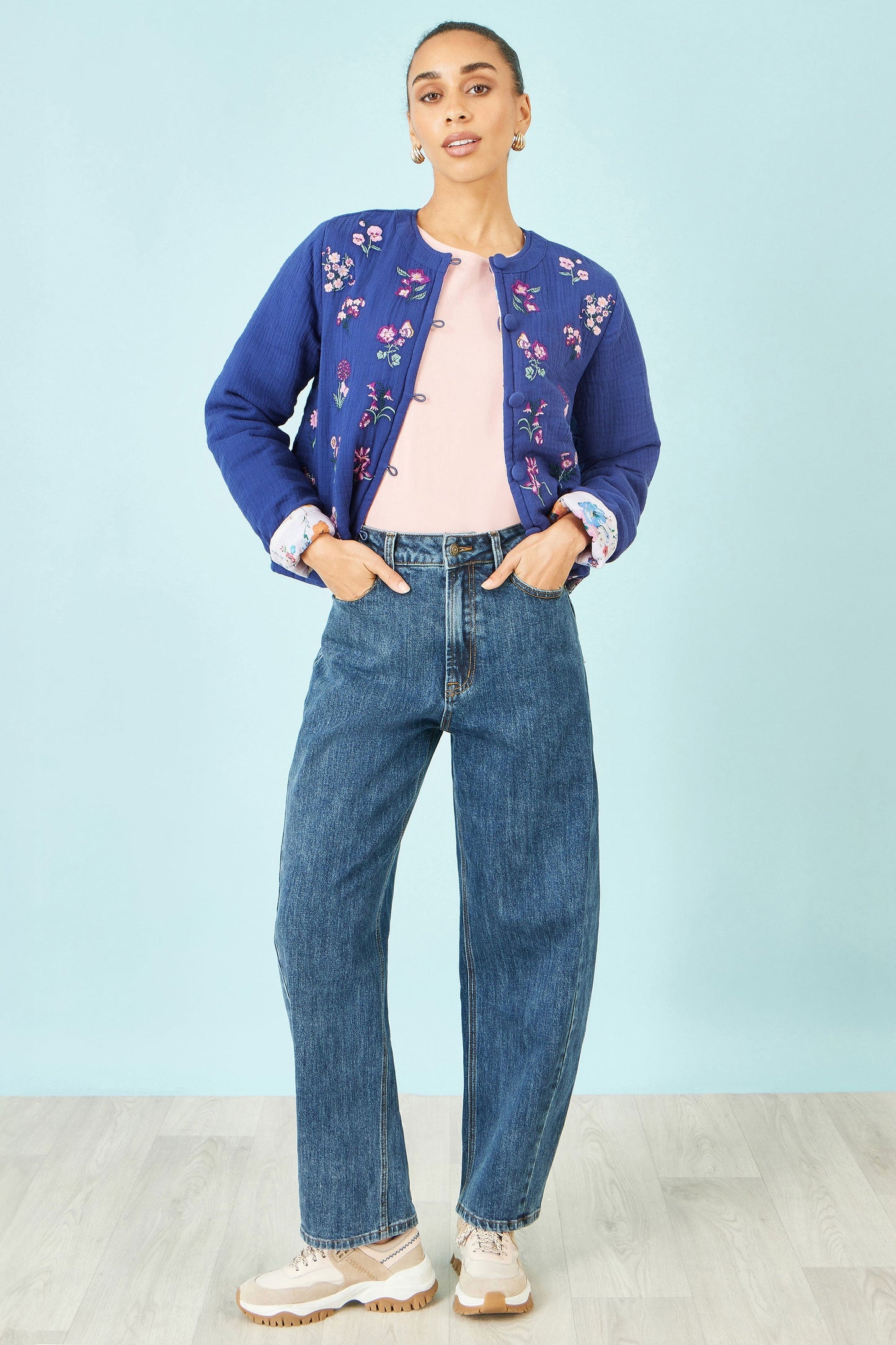 Blue Floral Embroidery Reversible Cotton Jacket