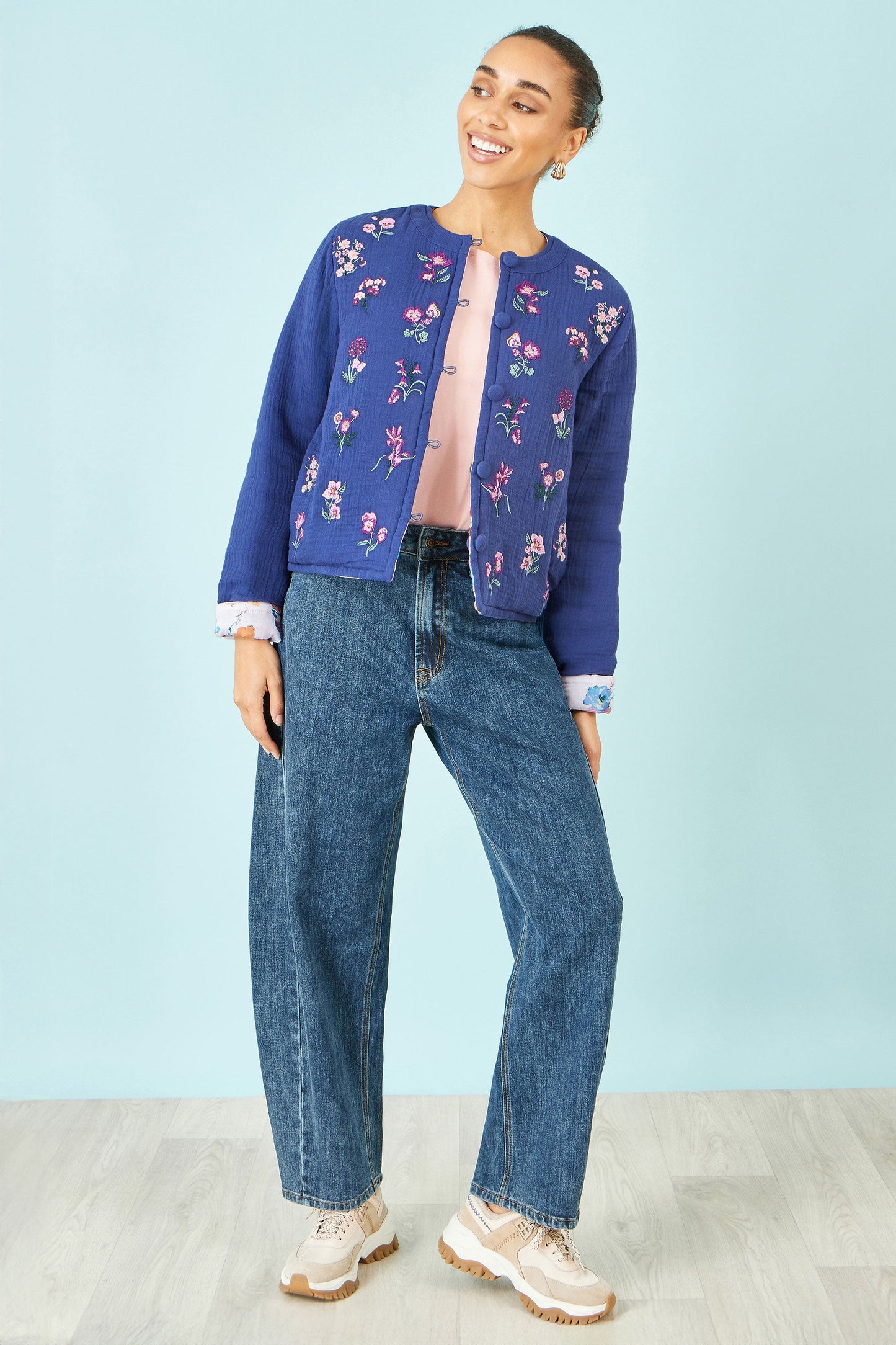 Blue Floral Embroidery Reversible Cotton Jacket