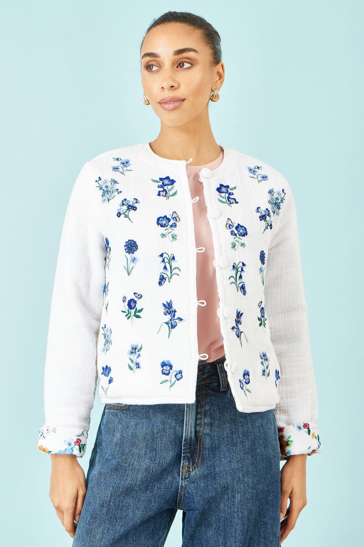 White Floral Embroidery Reversible Cotton Jacket