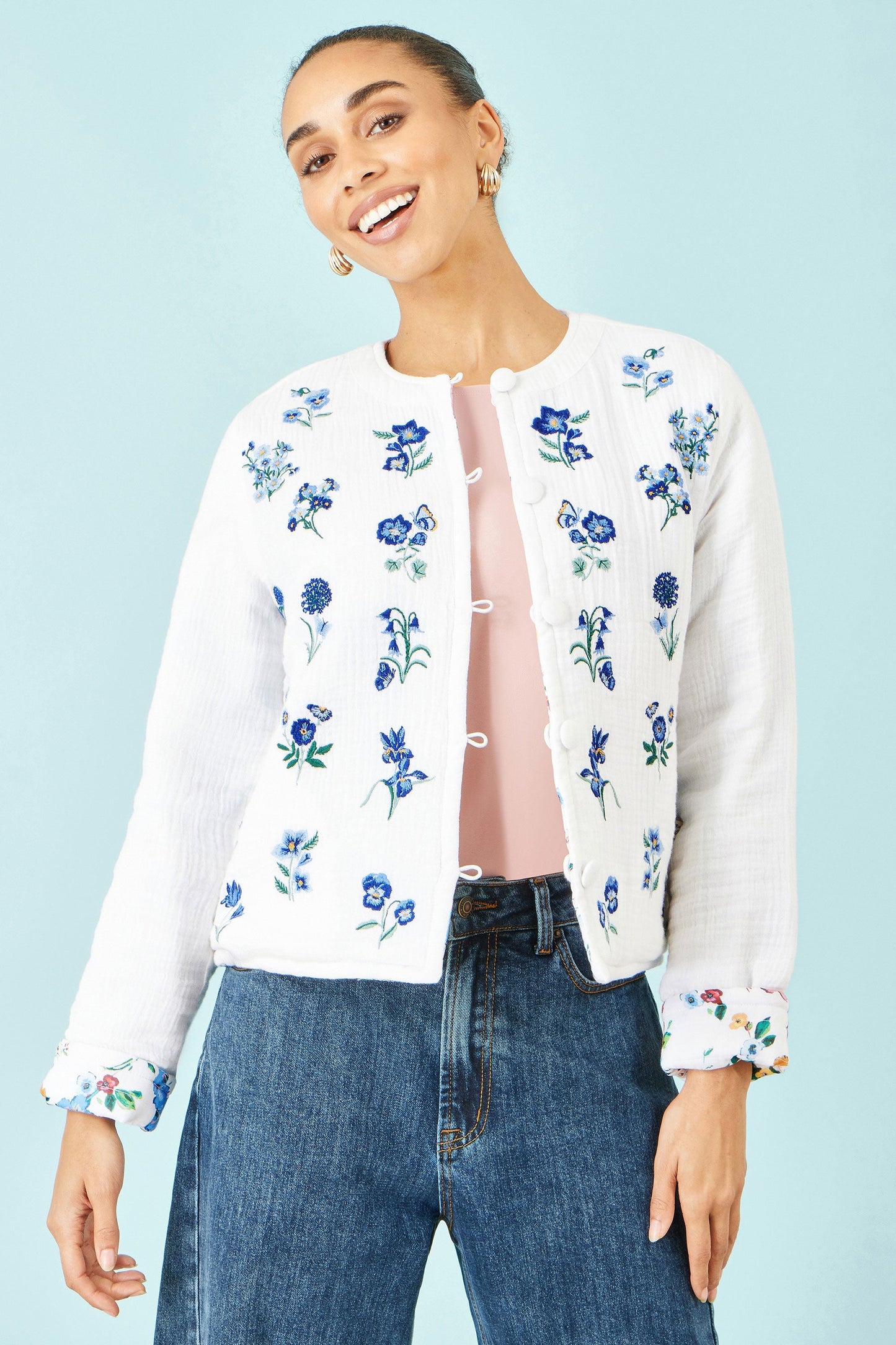 White Floral Embroidery Reversible Cotton Jacket