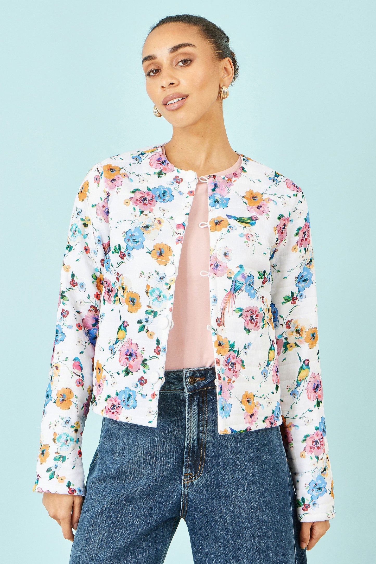 White Floral Embroidery Reversible Cotton Jacket
