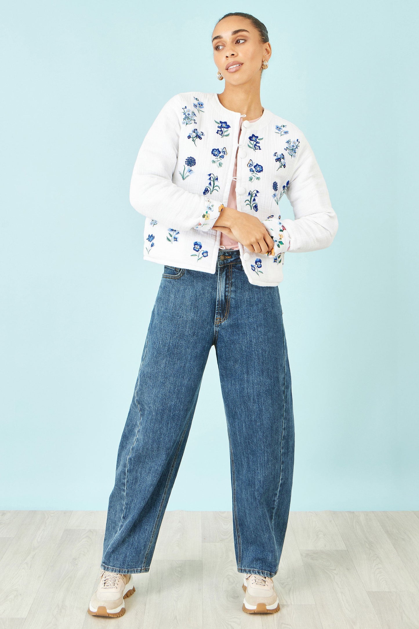 White Floral Embroidery Reversible Cotton Jacket