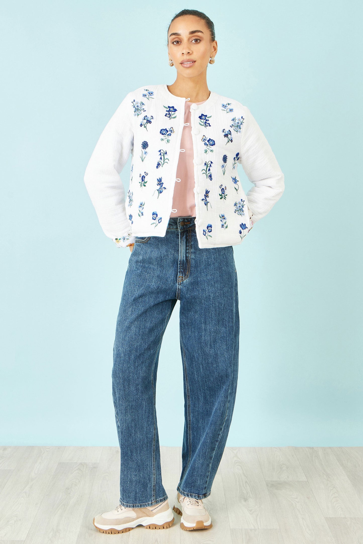 White Floral Embroidery Reversible Cotton Jacket