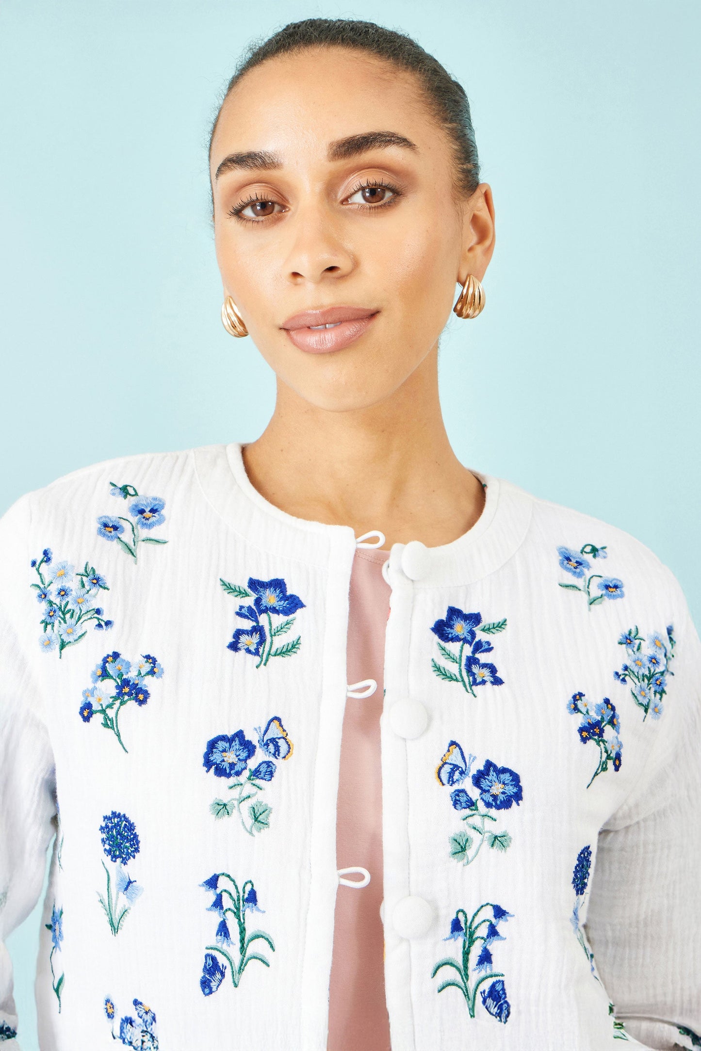 White Floral Embroidery Reversible Cotton Jacket