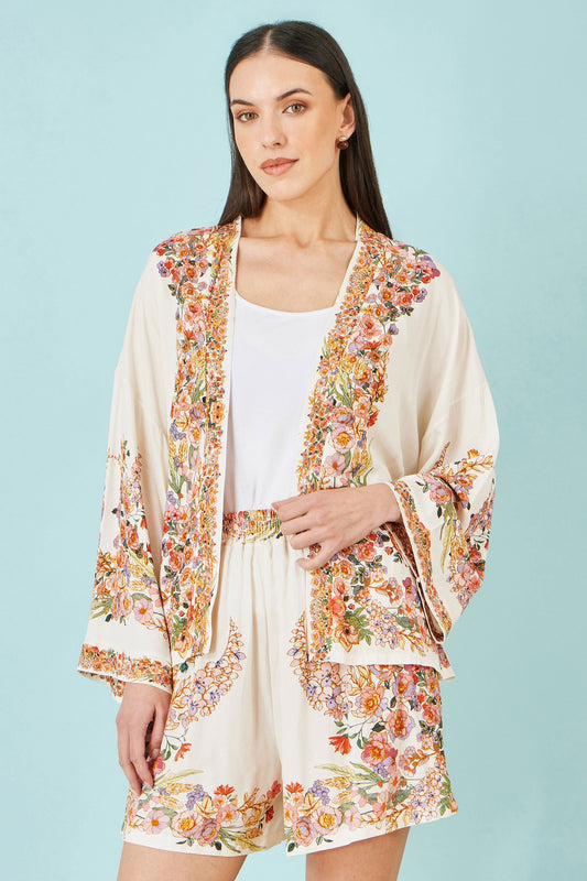 Ivory Floral Border Kimono With Tie Belt