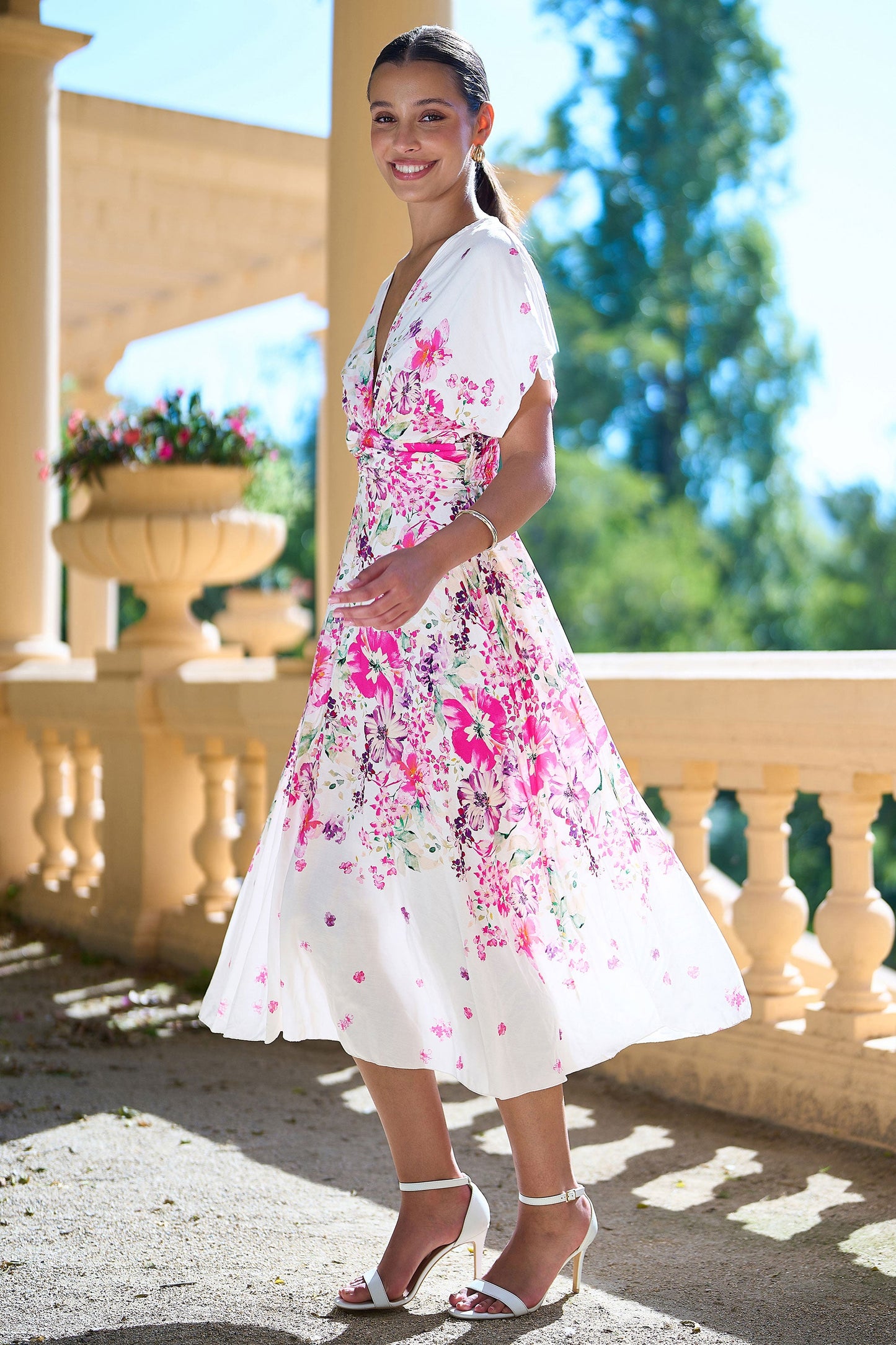 Pink Mirror Floral Print Ruched Waist Kimono Midi Dress