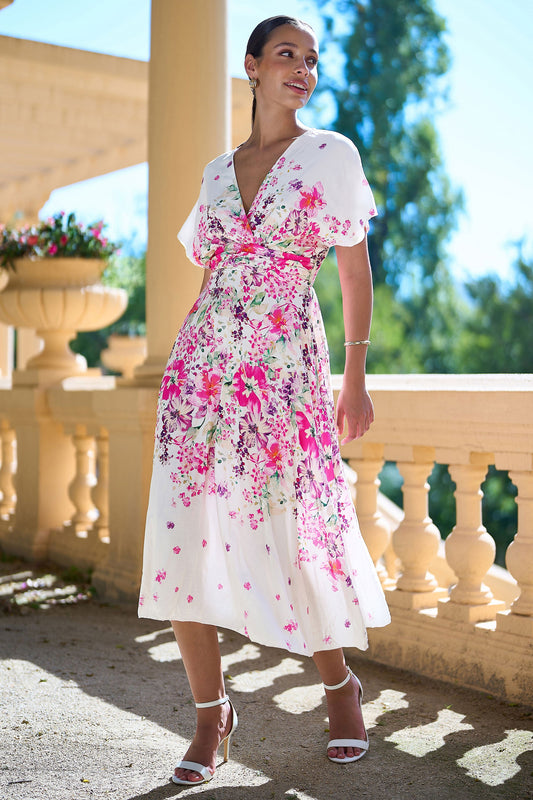 Pink Mirror Floral Print Ruched Waist Kimono Midi Dress