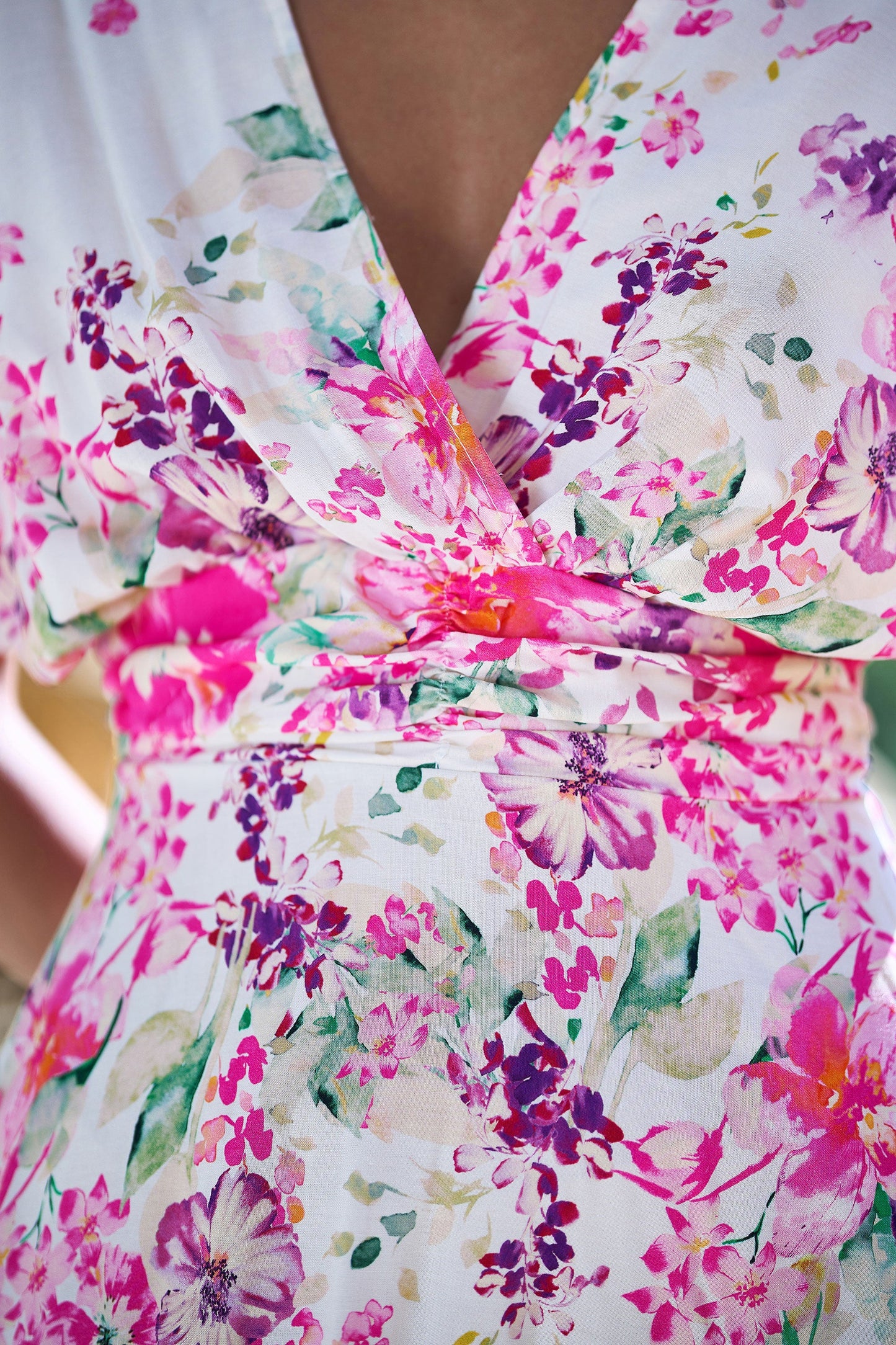 Pink Mirror Floral Print Ruched Waist Kimono Midi Dress