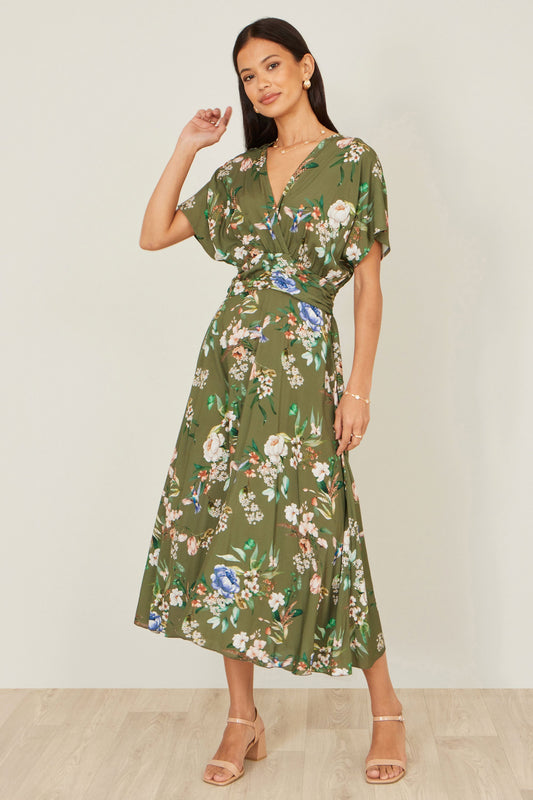 Sage Green Viscose Floral Print Midi Dress With Ruched Waist