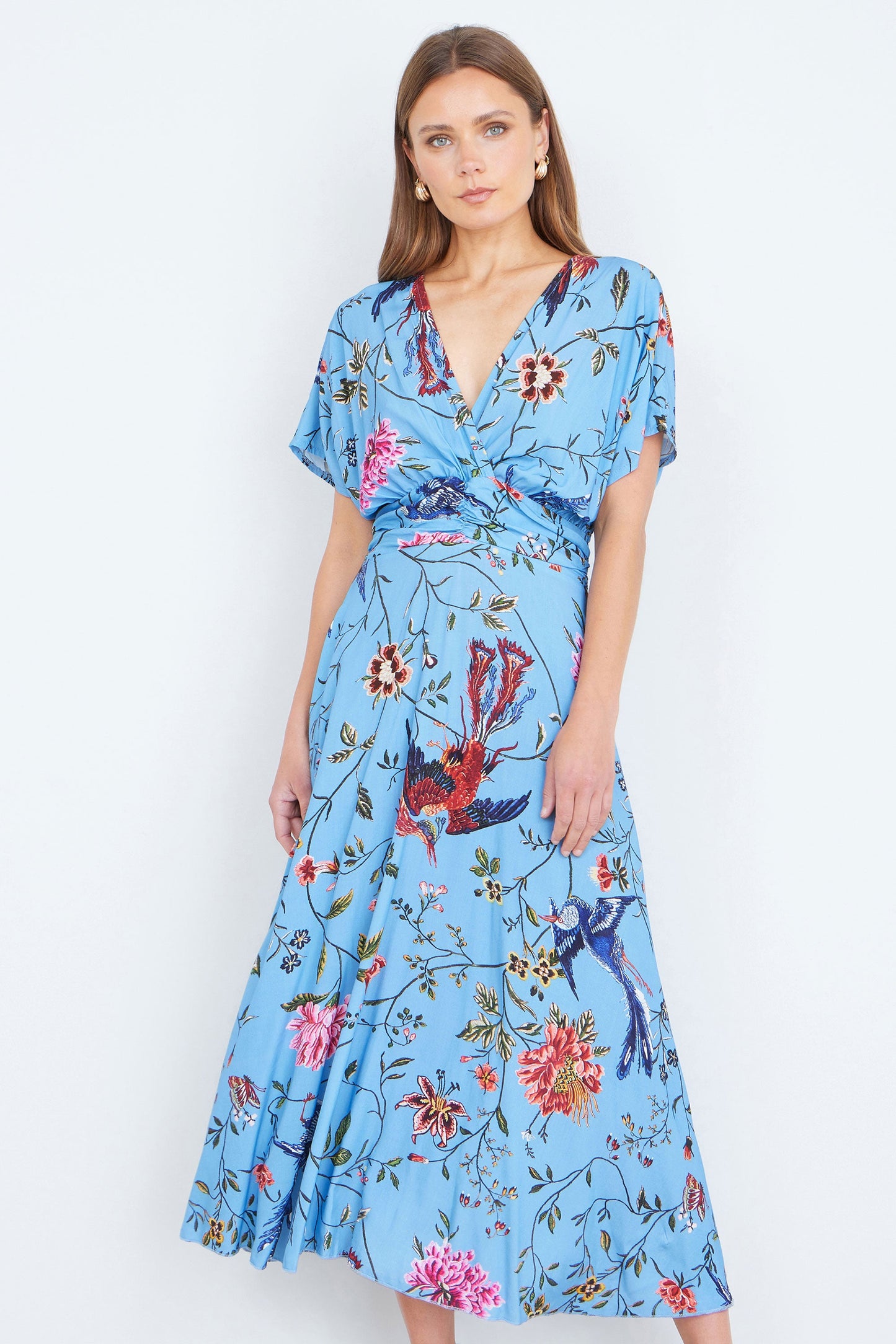Blue Viscose Bird And Floral Print Midi Dress With Ruched Waist