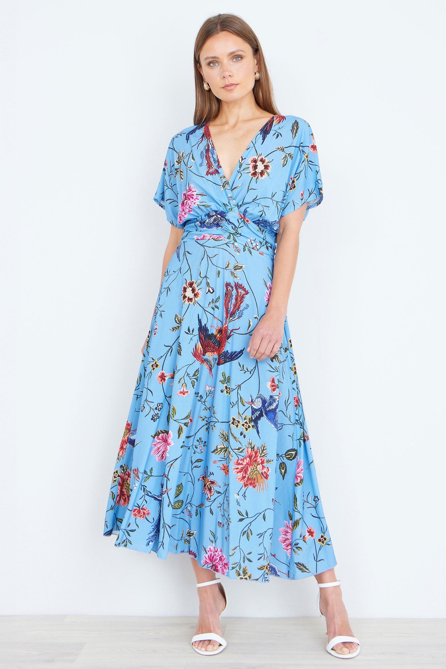 Blue Viscose Bird And Floral Print Midi Dress With Ruched Waist