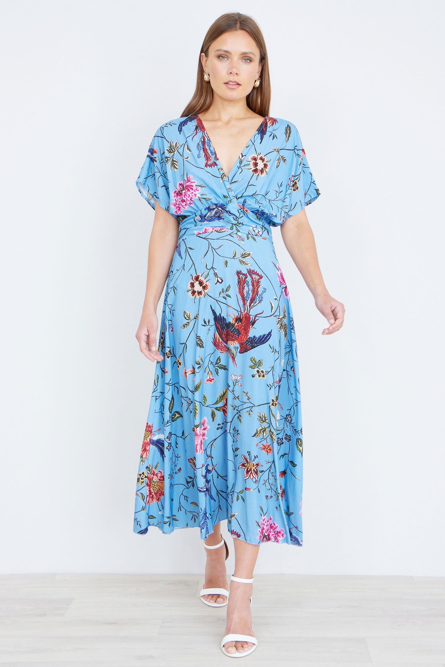 Blue Viscose Bird And Floral Print Midi Dress With Ruched Waist