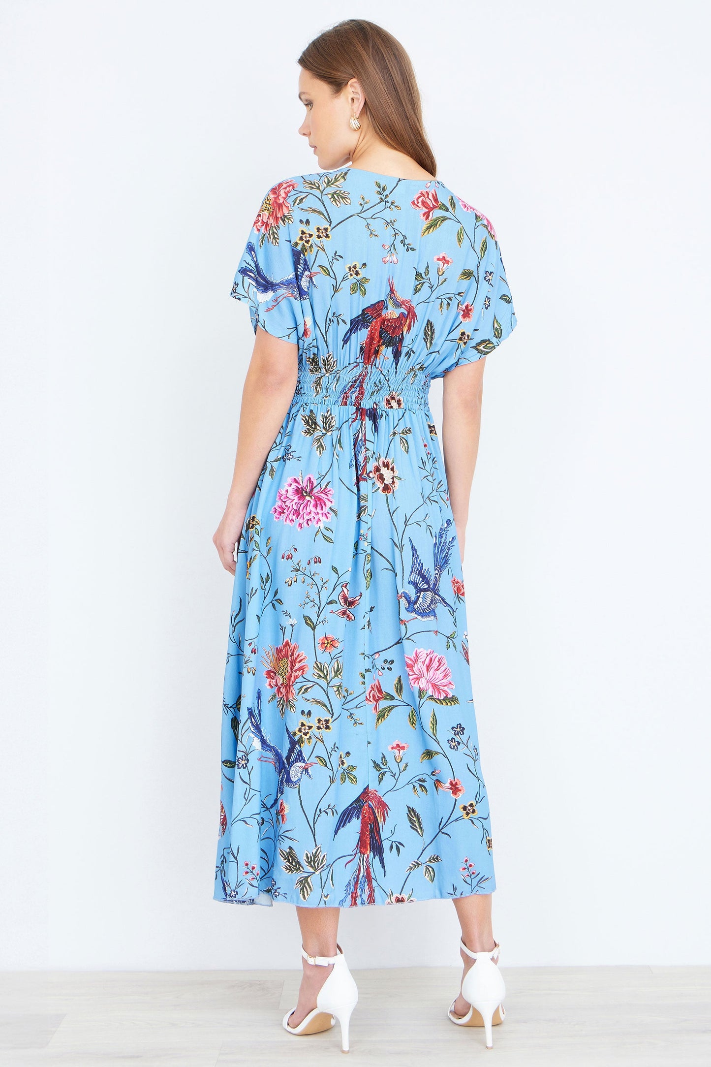 Blue Viscose Bird And Floral Print Midi Dress With Ruched Waist