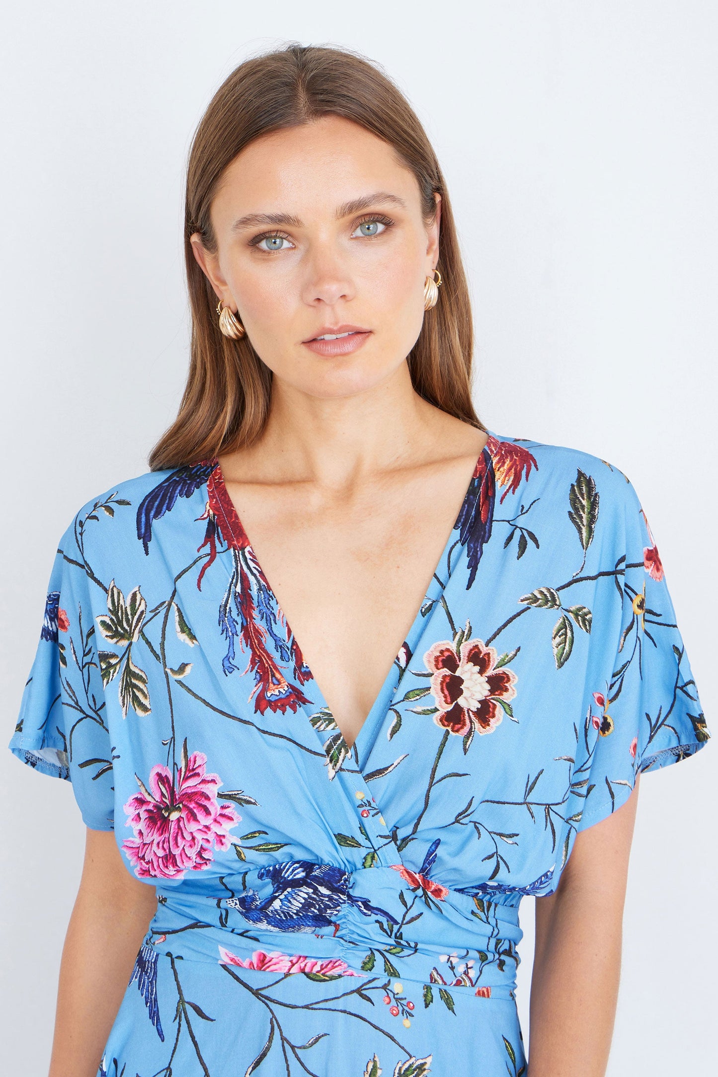 Blue Viscose Bird And Floral Print Midi Dress With Ruched Waist