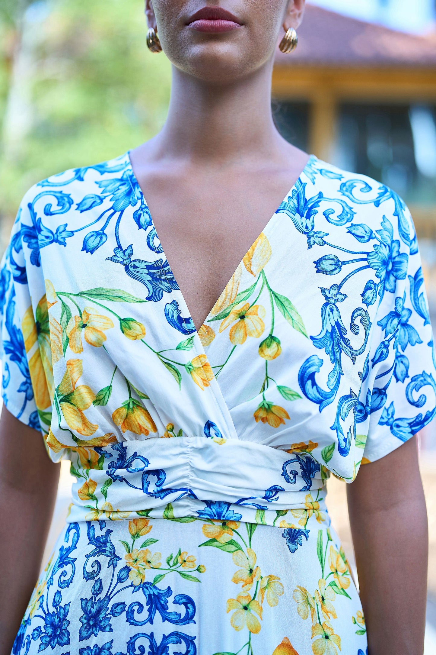 White Lemon Print Viscose Ruched Waist Midi Dress