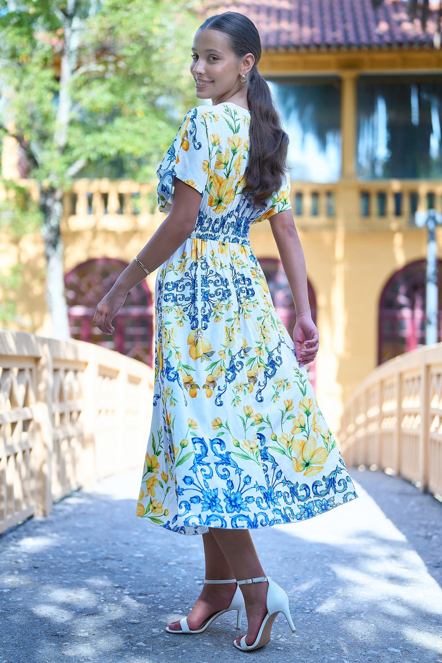 White Lemon Print Viscose Ruched Waist Midi Dress