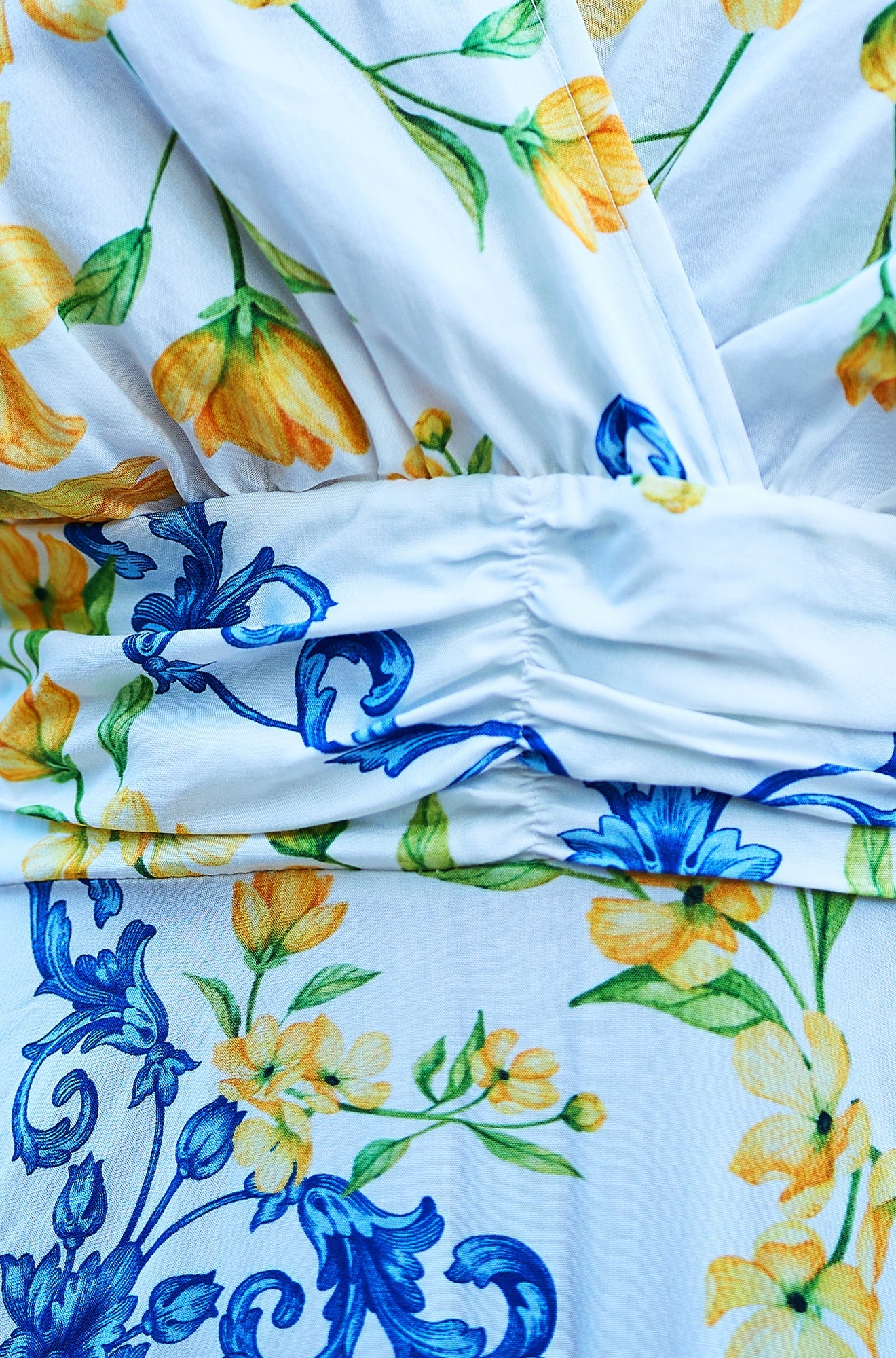 White Lemon Print Viscose Ruched Waist Midi Dress