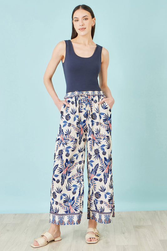 Blue Bird Print Viscose Wide Leg Trousers