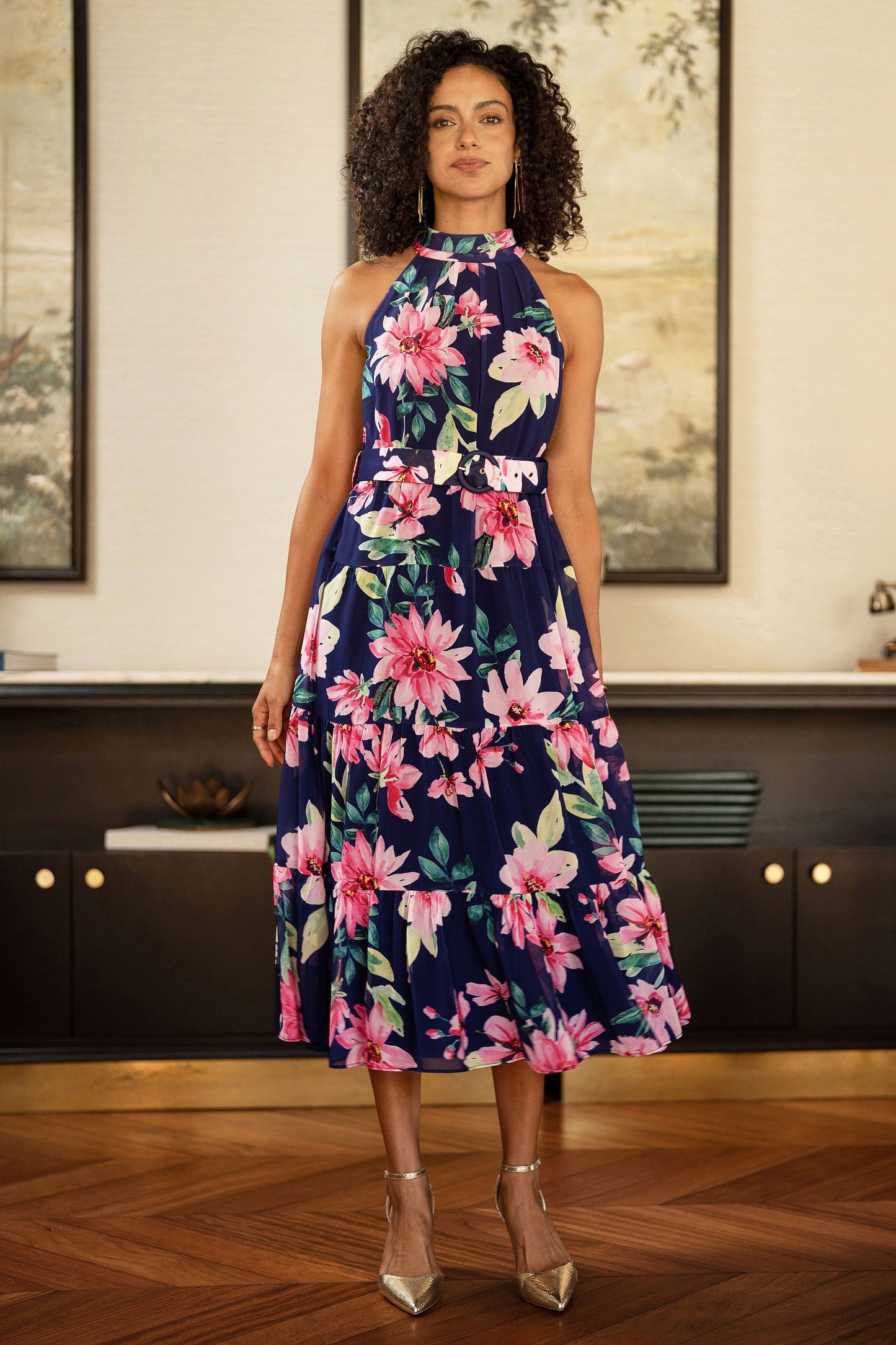 Navy Floral Halter Neck Midi Dress With Matching Belt