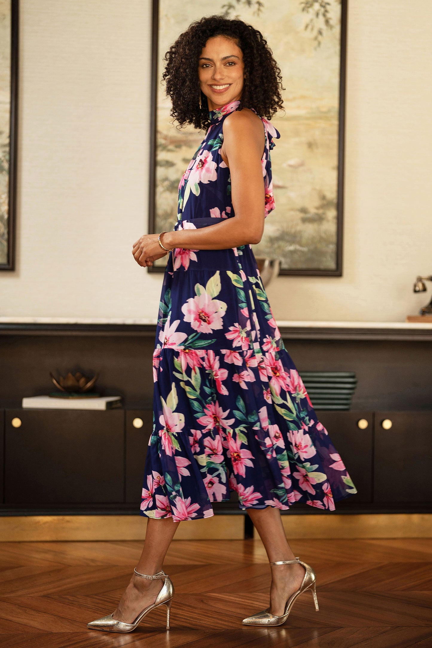 Navy Floral Halter Neck Midi Dress With Matching Belt