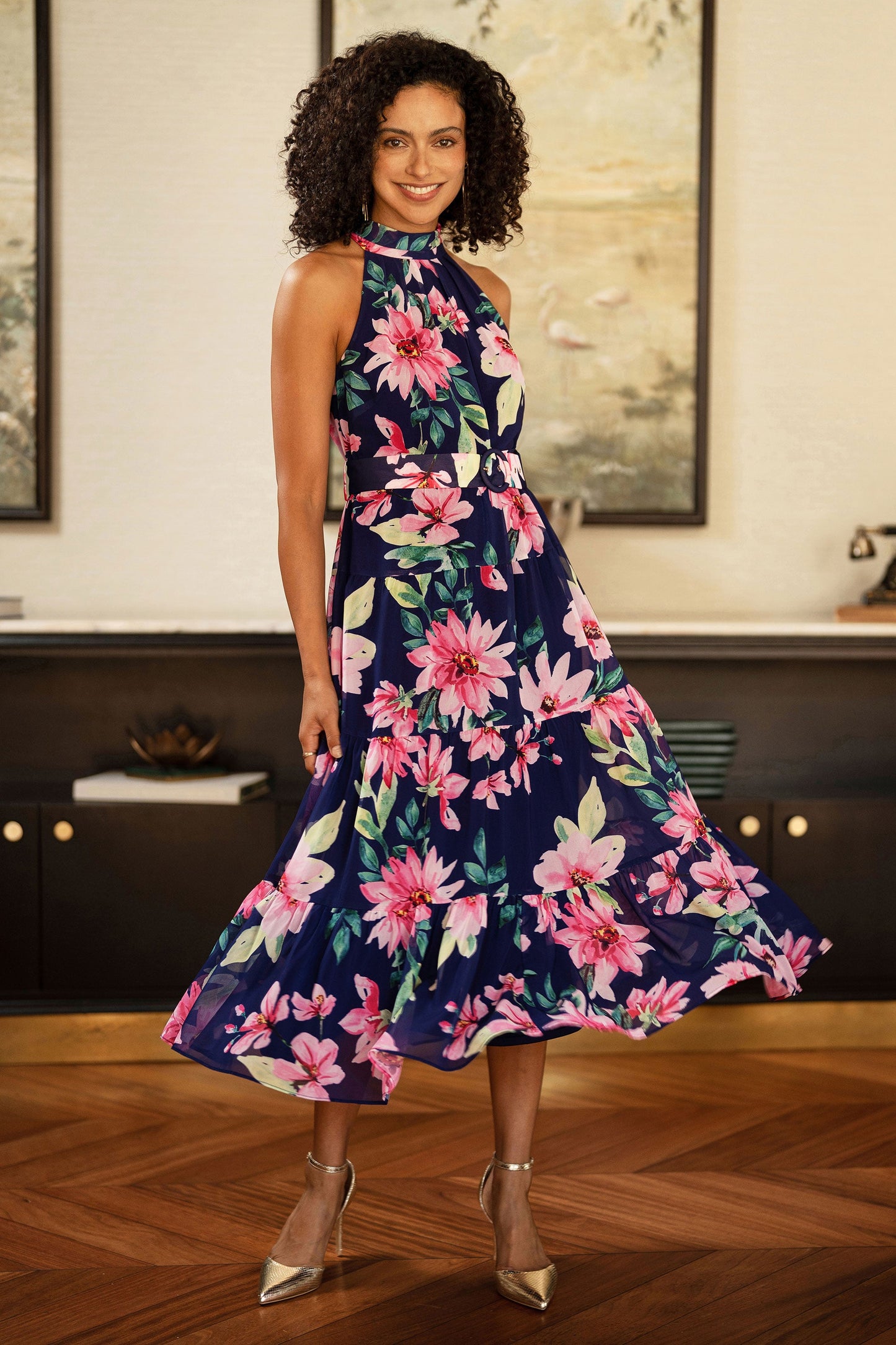 Navy Floral Halter Neck Midi Dress With Matching Belt