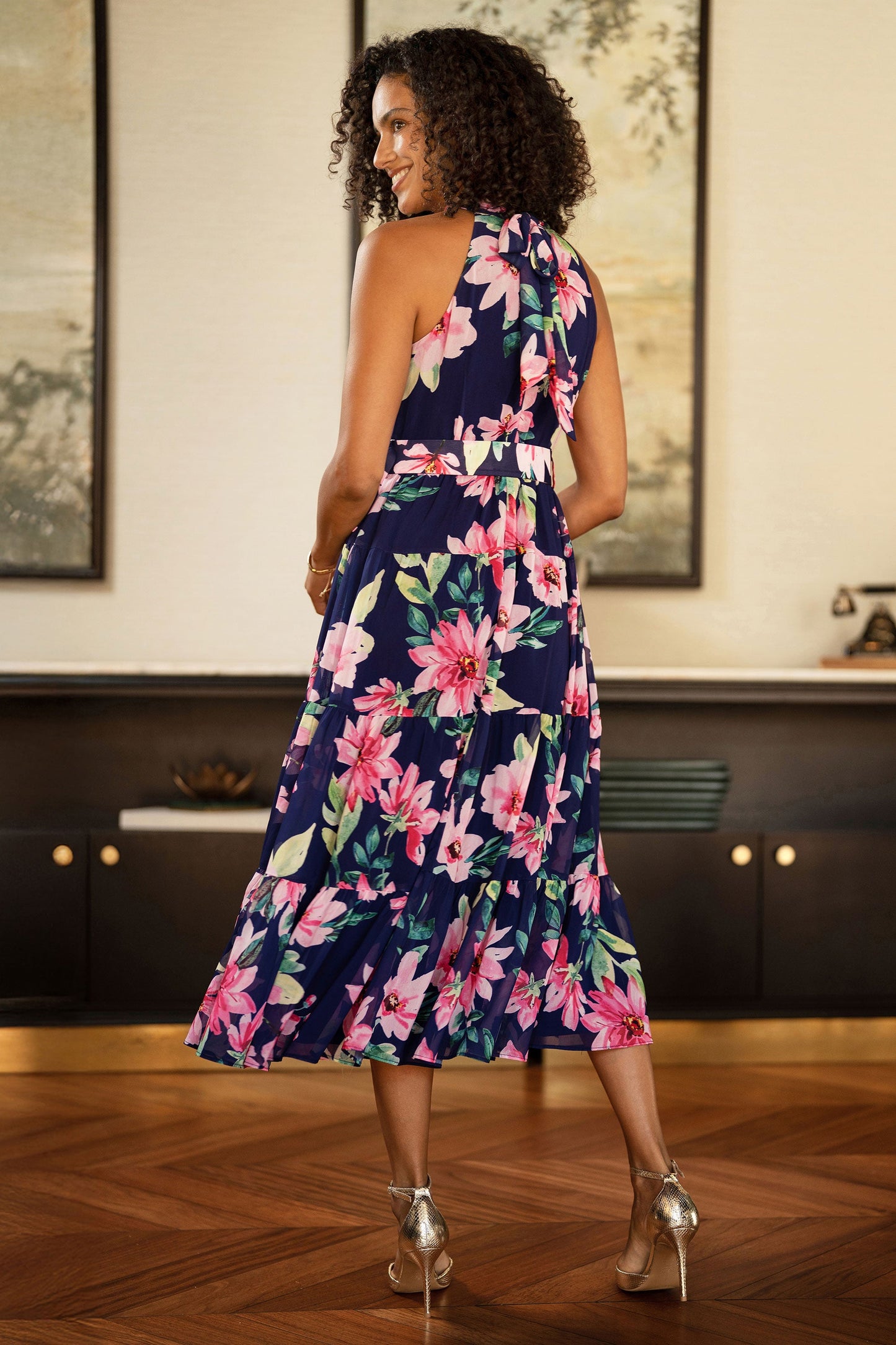 Navy Floral Halter Neck Midi Dress With Matching Belt