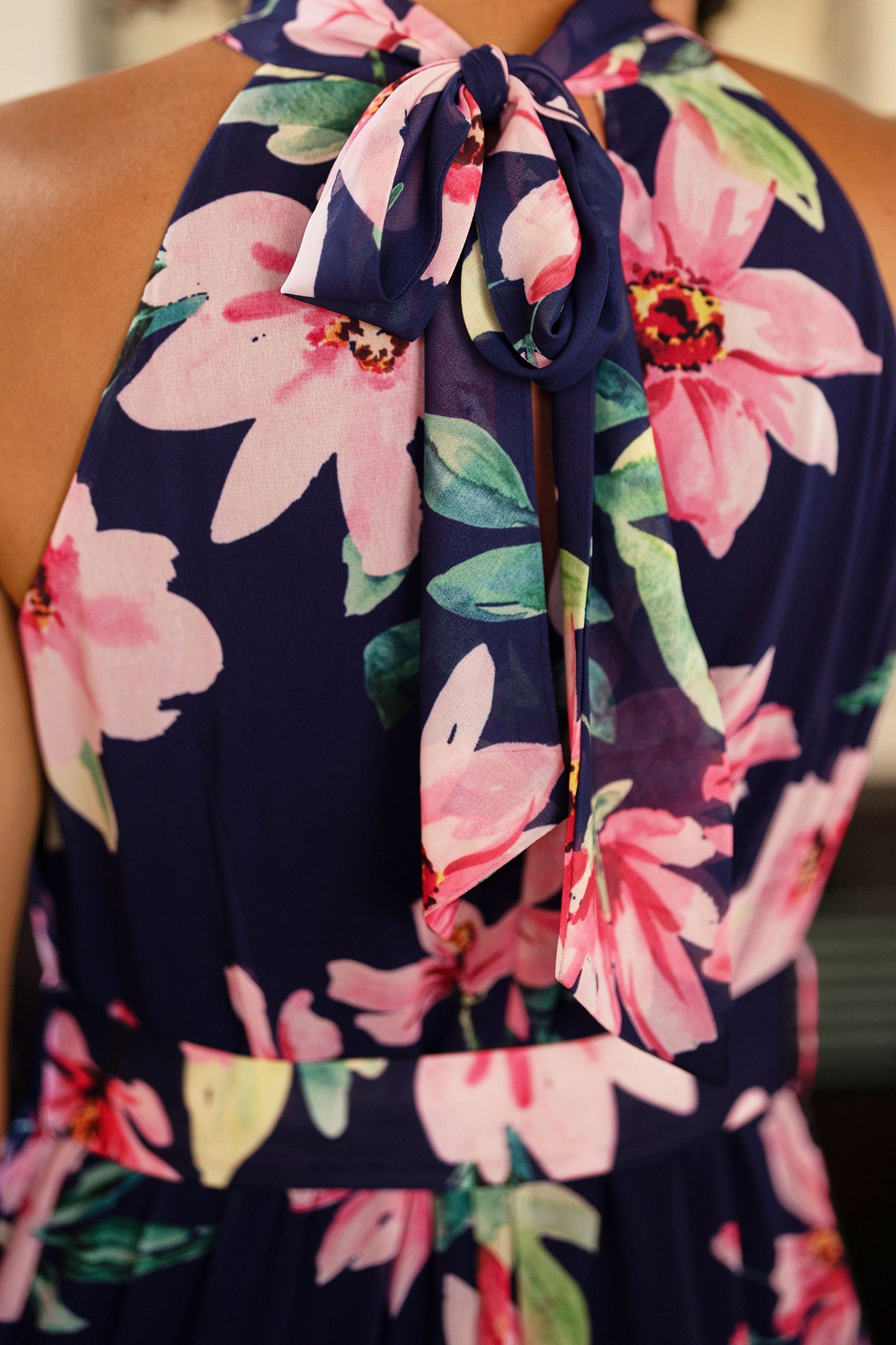 Navy Floral Halter Neck Midi Dress With Matching Belt