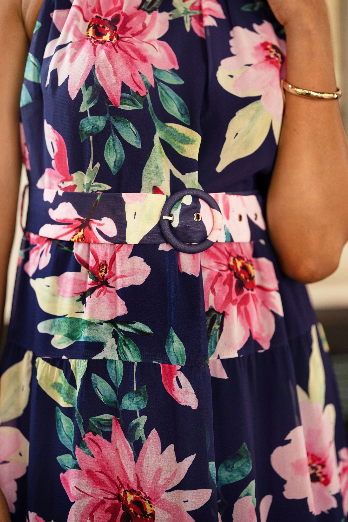 Navy Floral Halter Neck Midi Dress With Matching Belt