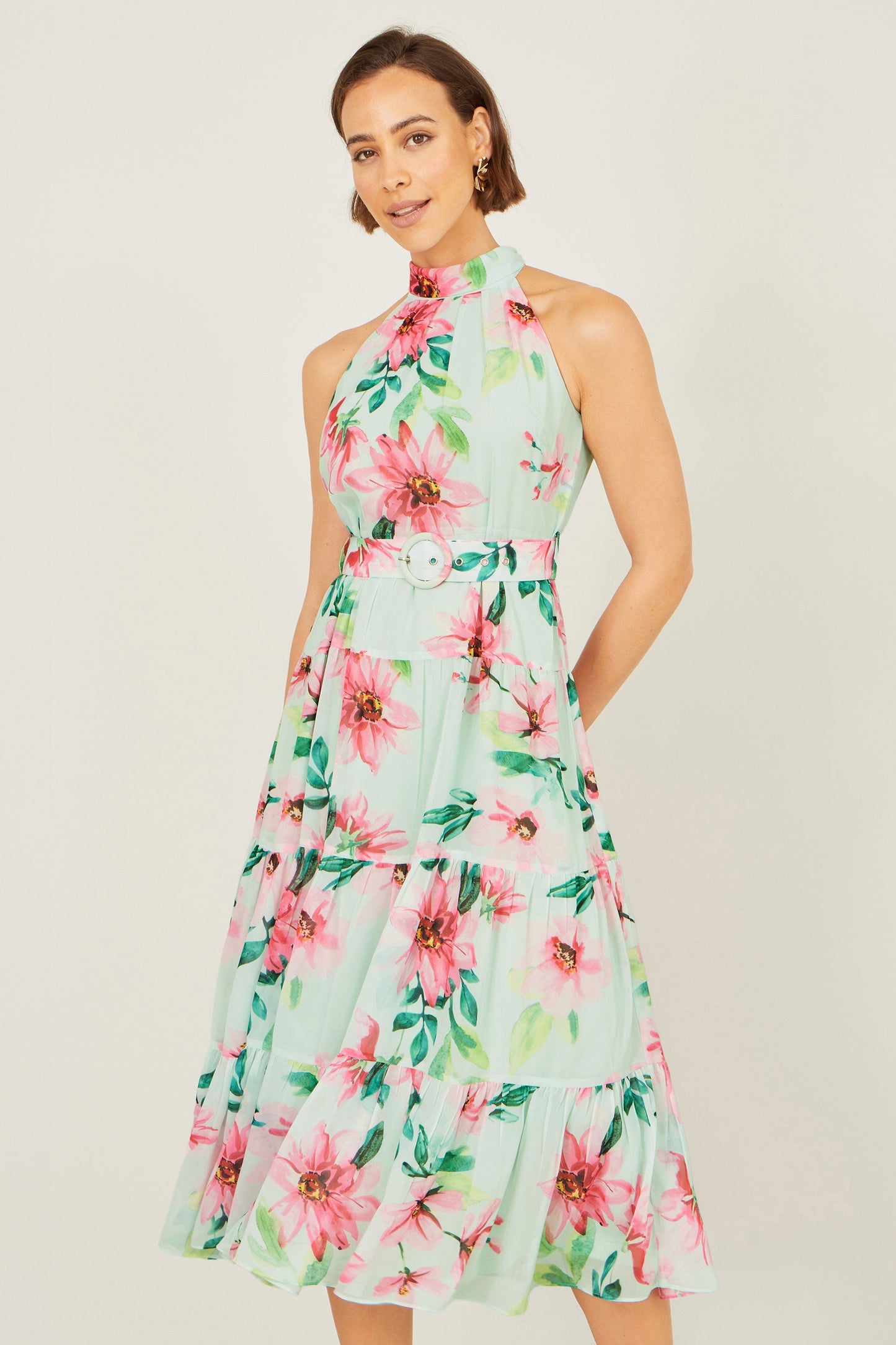 Mint Floral Halter Neck Midi Dress With Matching Belt