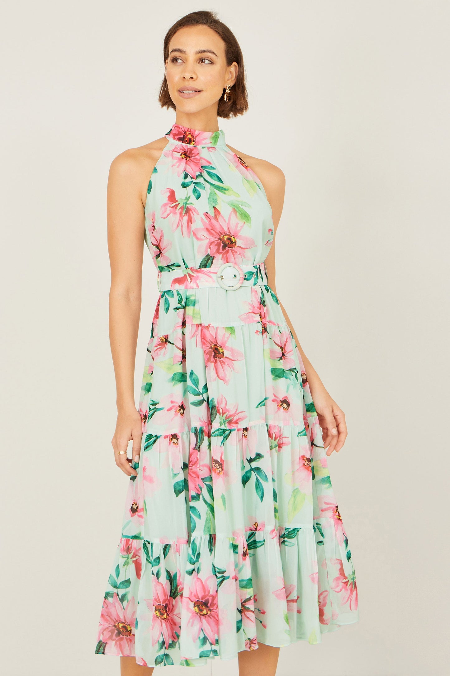 Mint Floral Halter Neck Midi Dress With Matching Belt