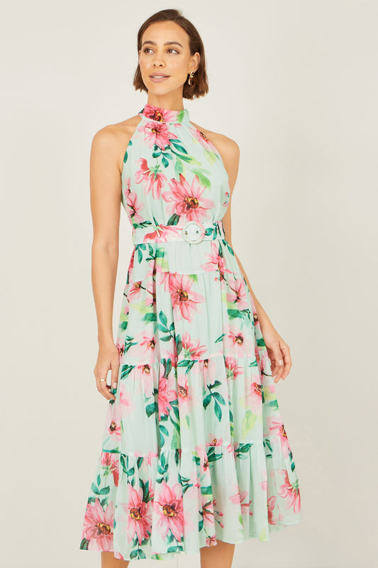 Mint Floral Halter Neck Midi Dress With Matching Belt