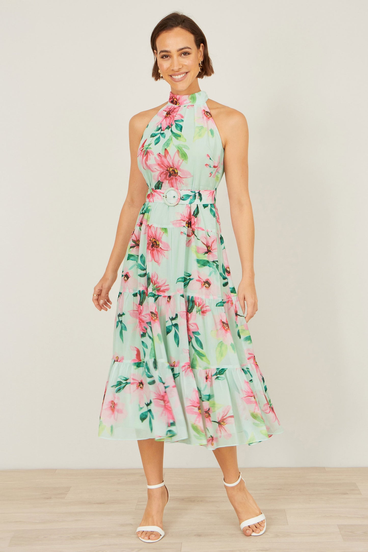 Mint Floral Halter Neck Midi Dress With Matching Belt