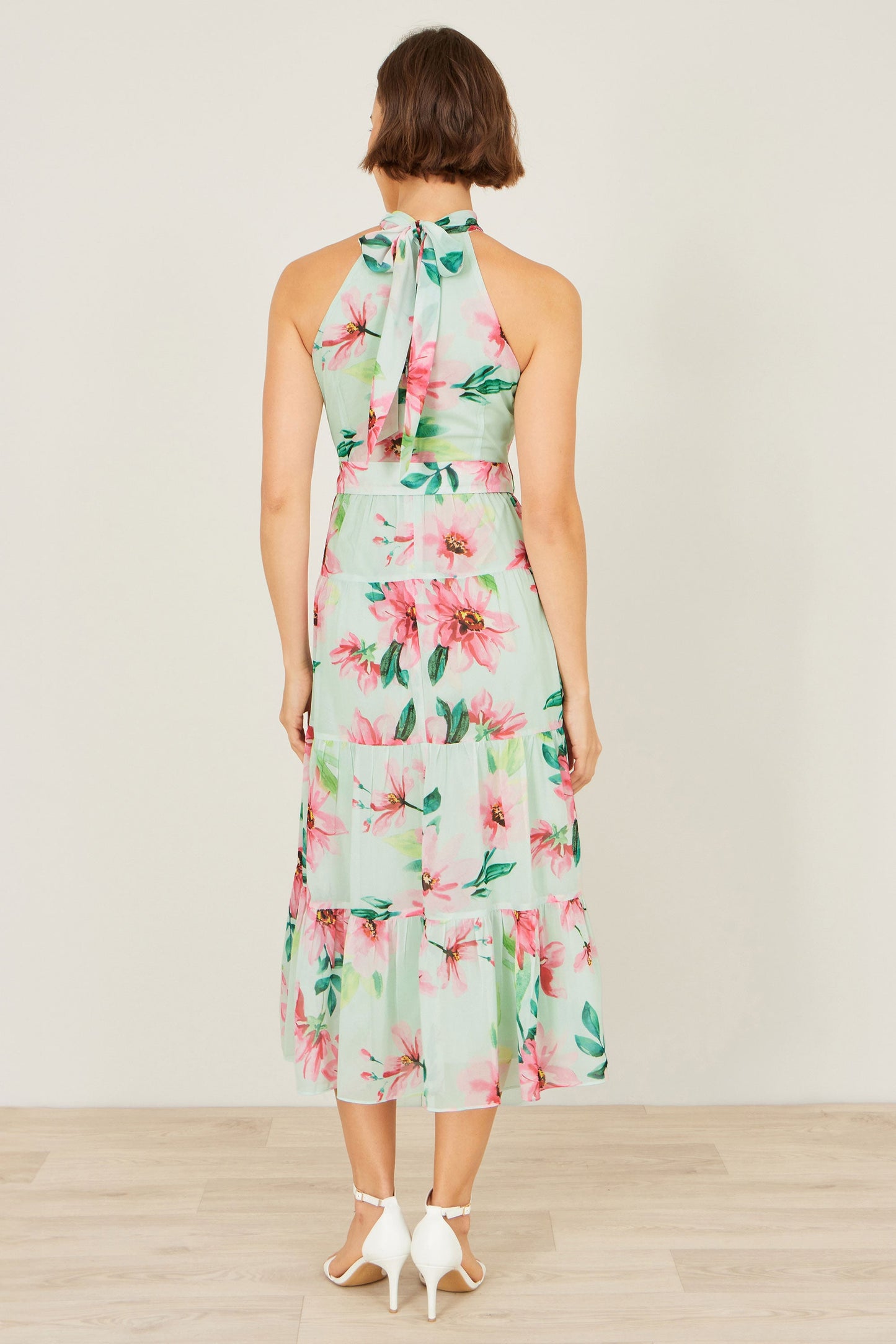 Mint Floral Halter Neck Midi Dress With Matching Belt