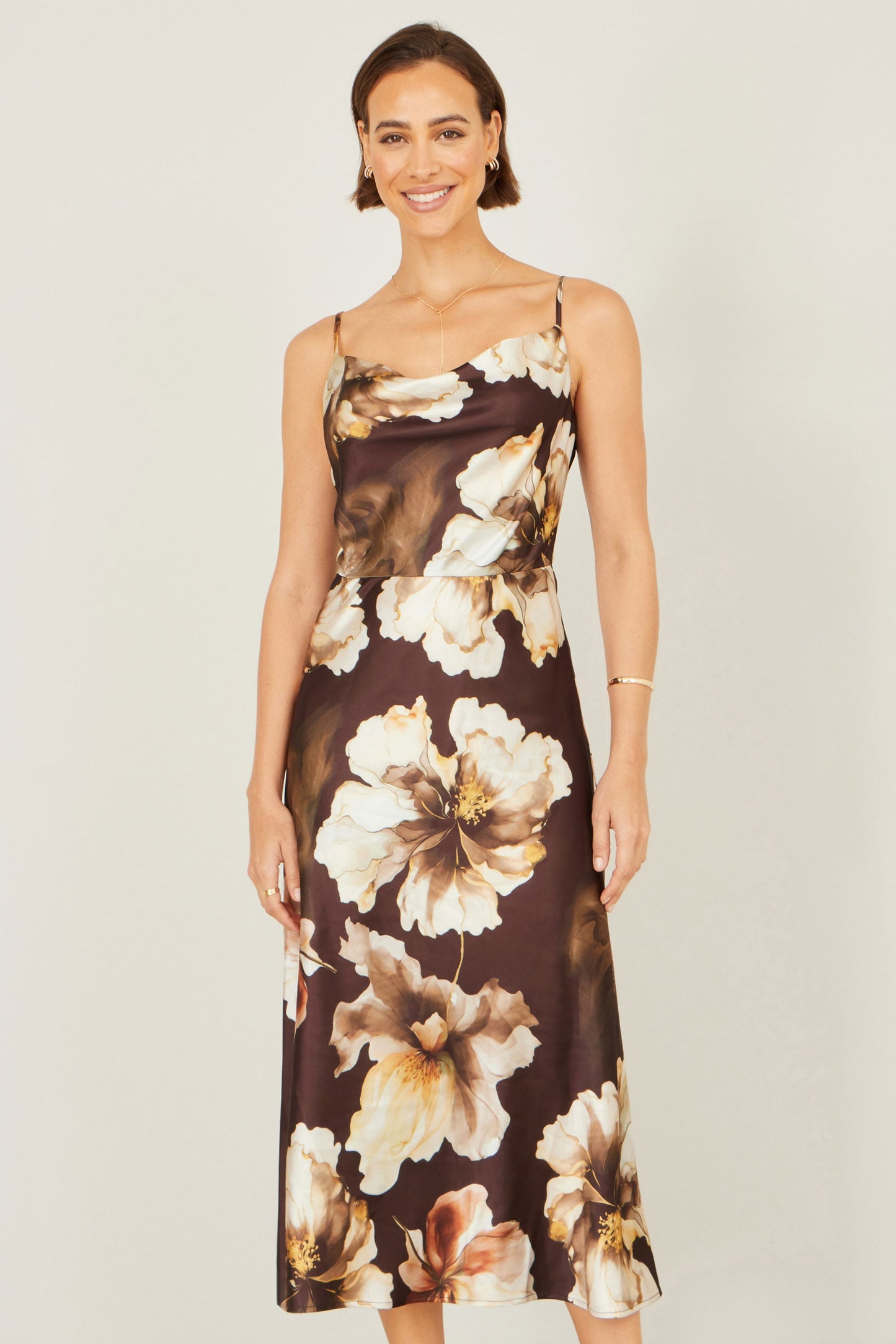 Brown Cowl Neck Satin Floral Dress