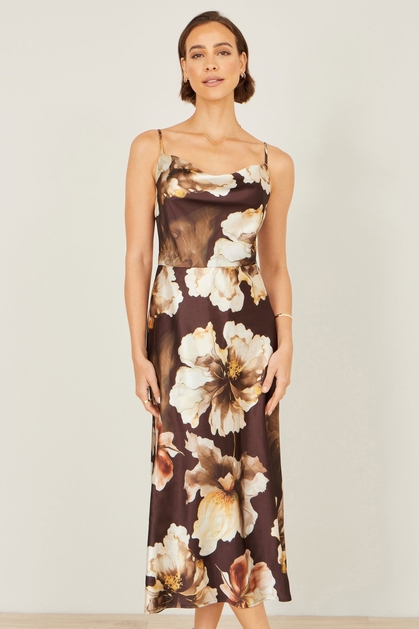 Brown Cowl Neck Satin Floral Dress