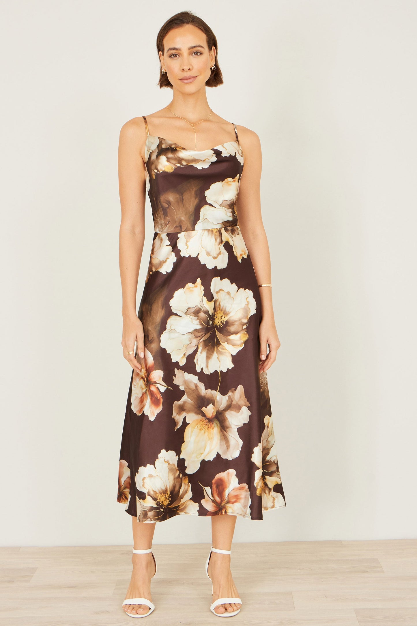 Brown Cowl Neck Satin Floral Dress