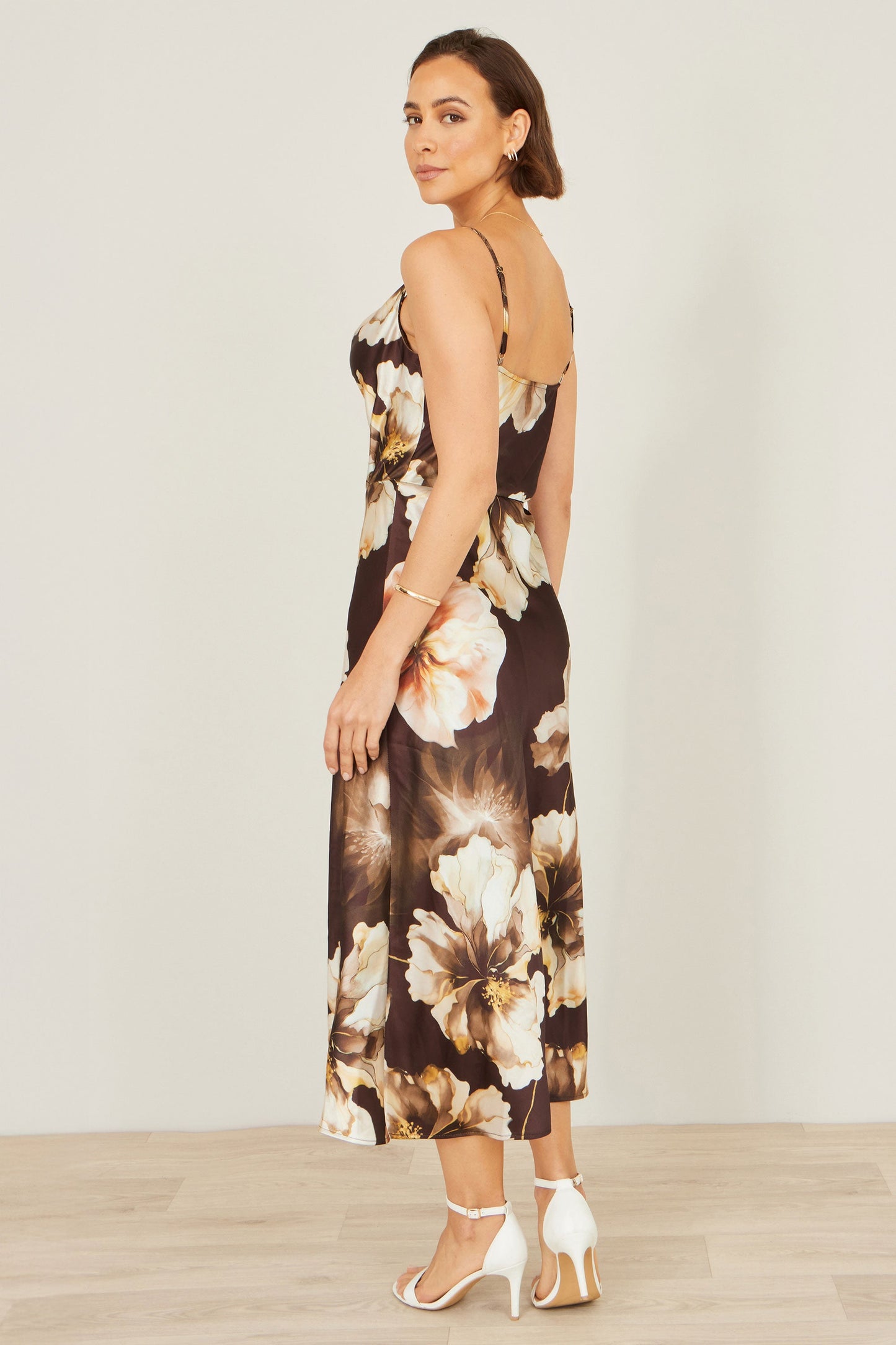 Brown Cowl Neck Satin Floral Dress