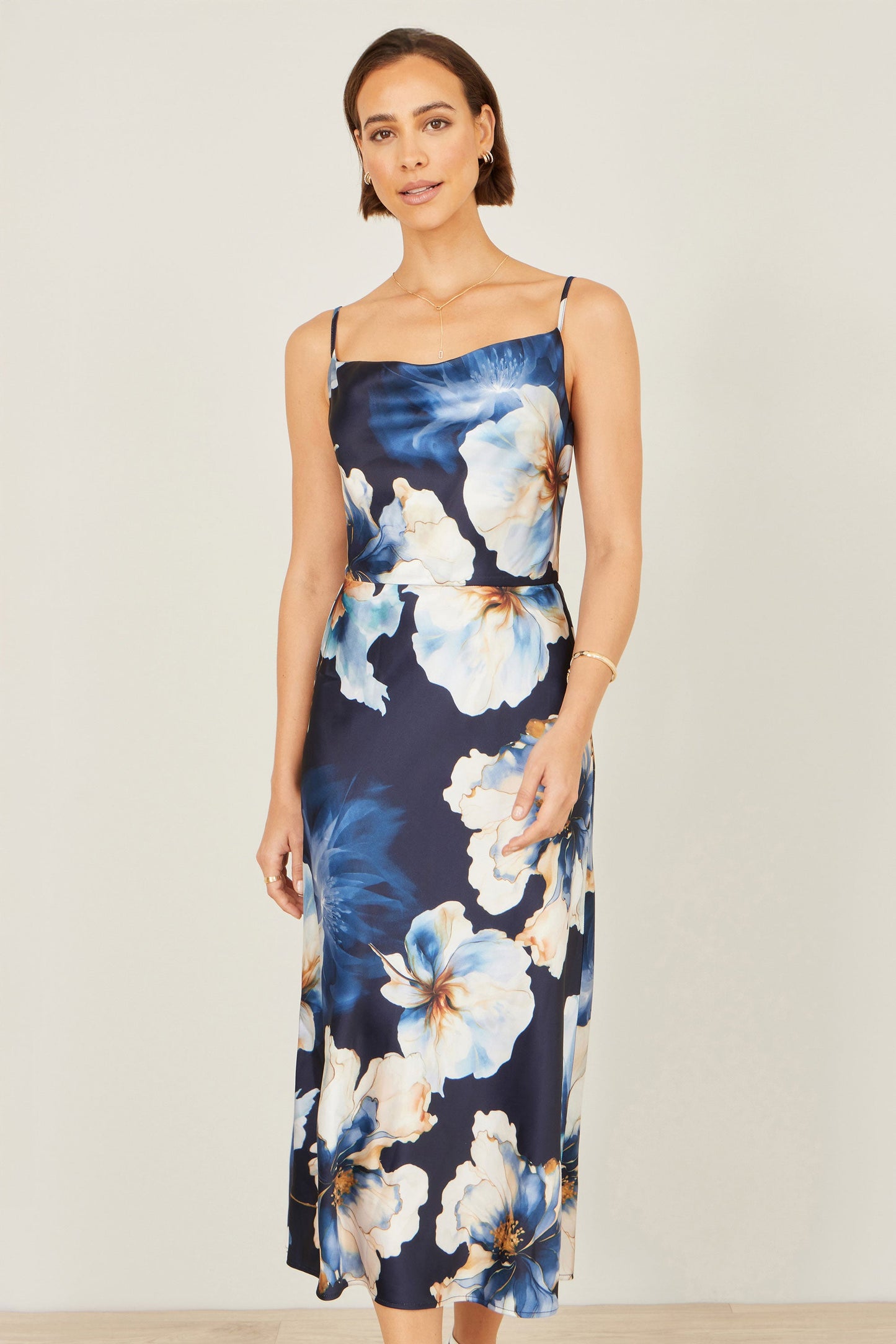 Navy Cowl Neck Satin Floral Dress