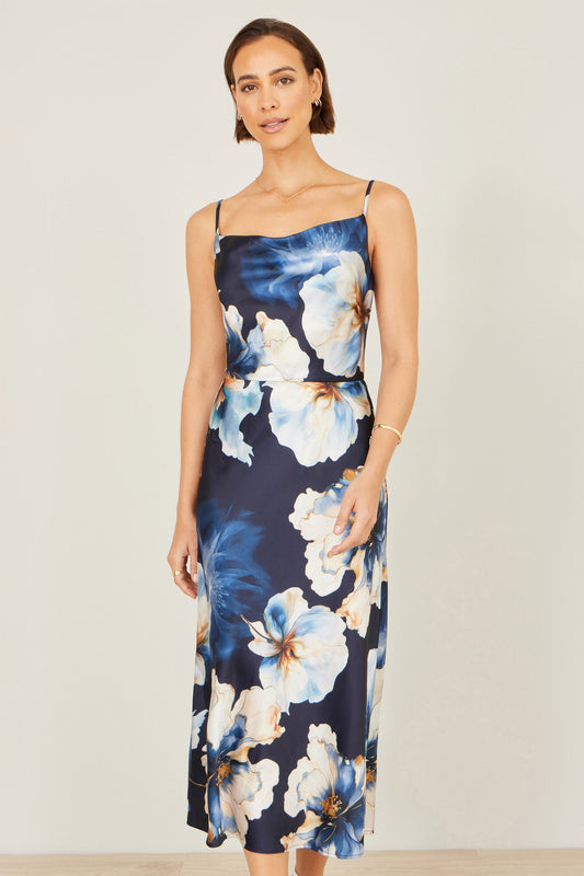 Navy Cowl Neck Satin Floral Dress