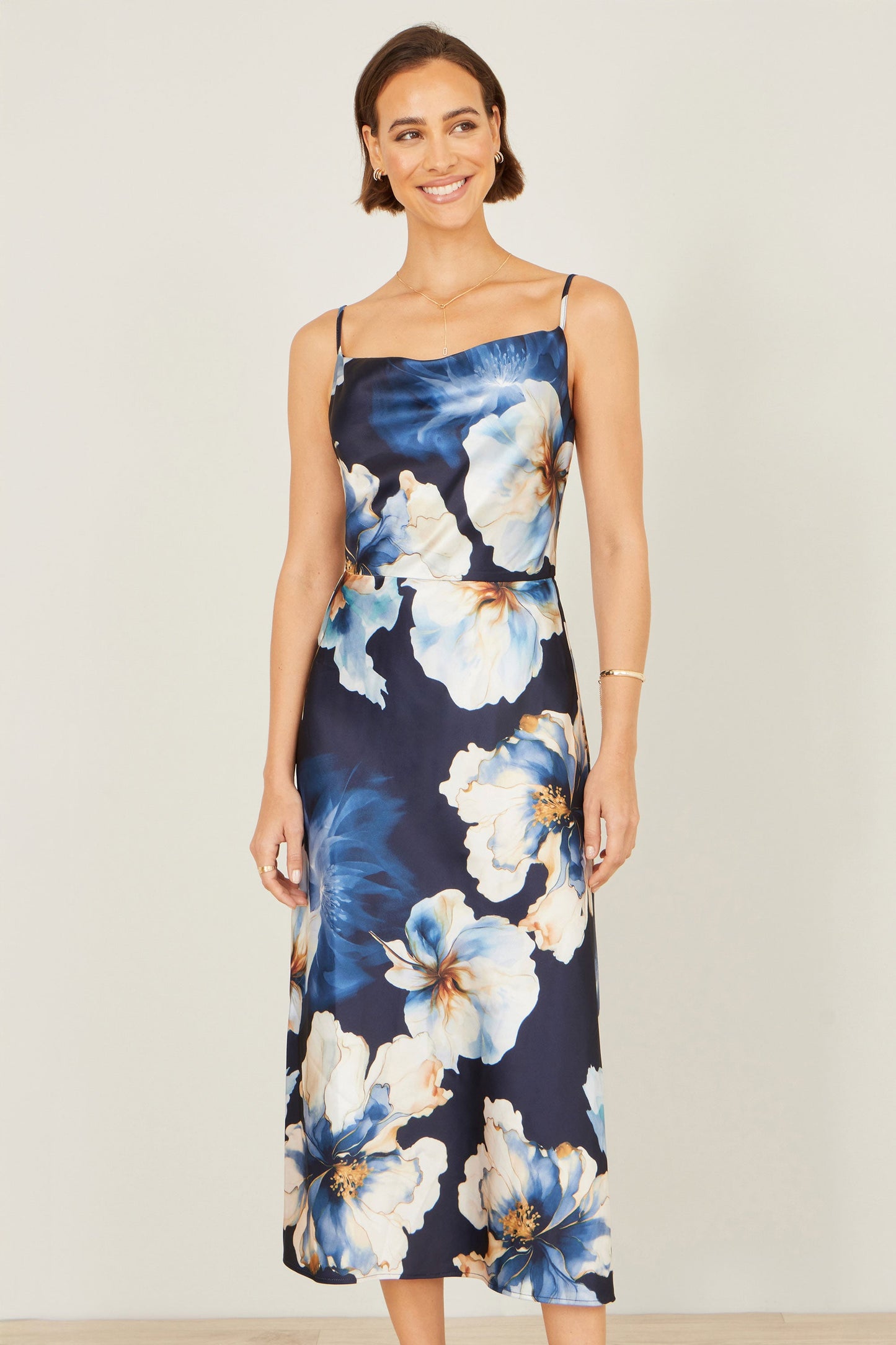 Navy Cowl Neck Satin Floral Dress