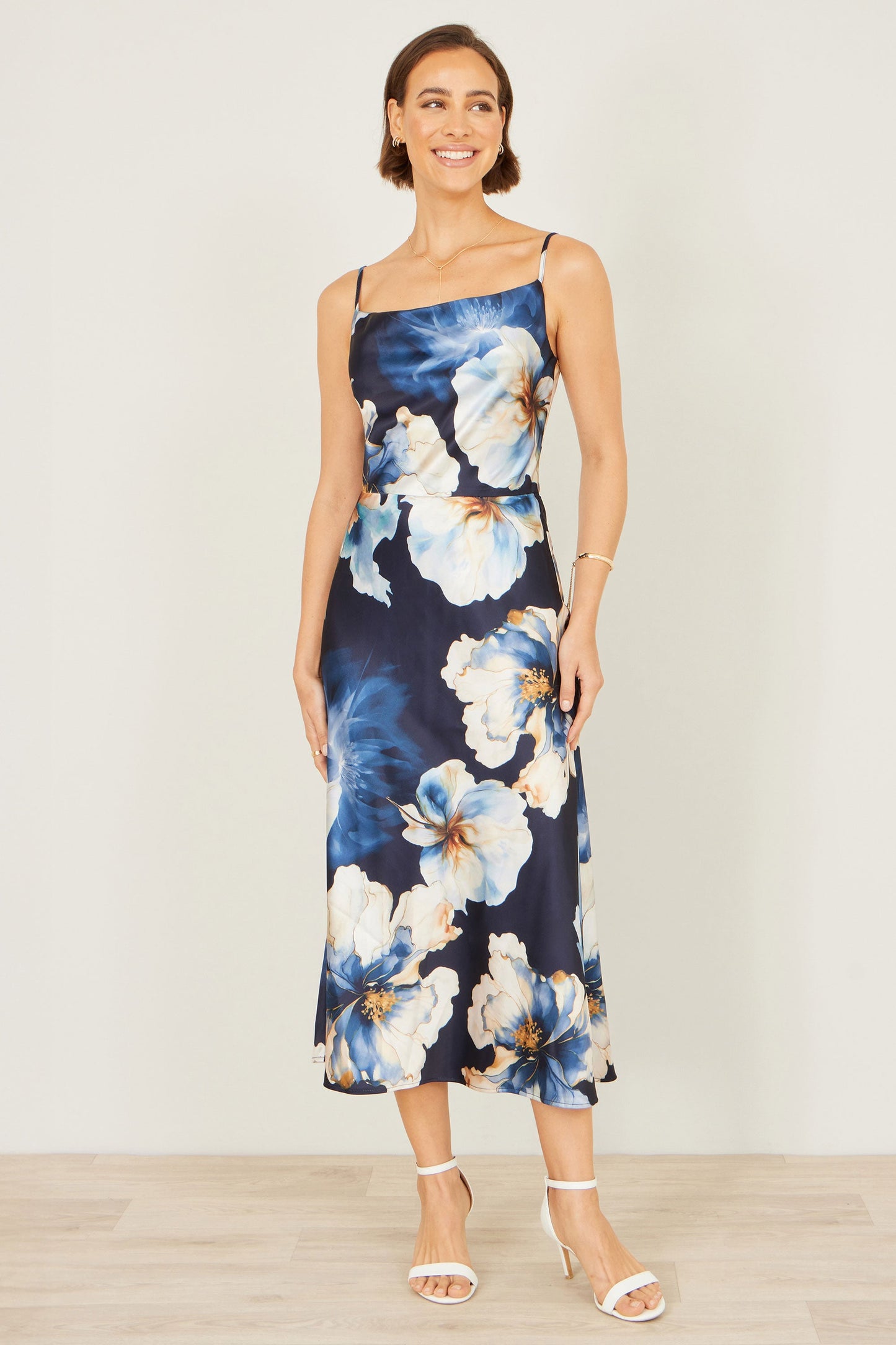 Navy Cowl Neck Satin Floral Dress