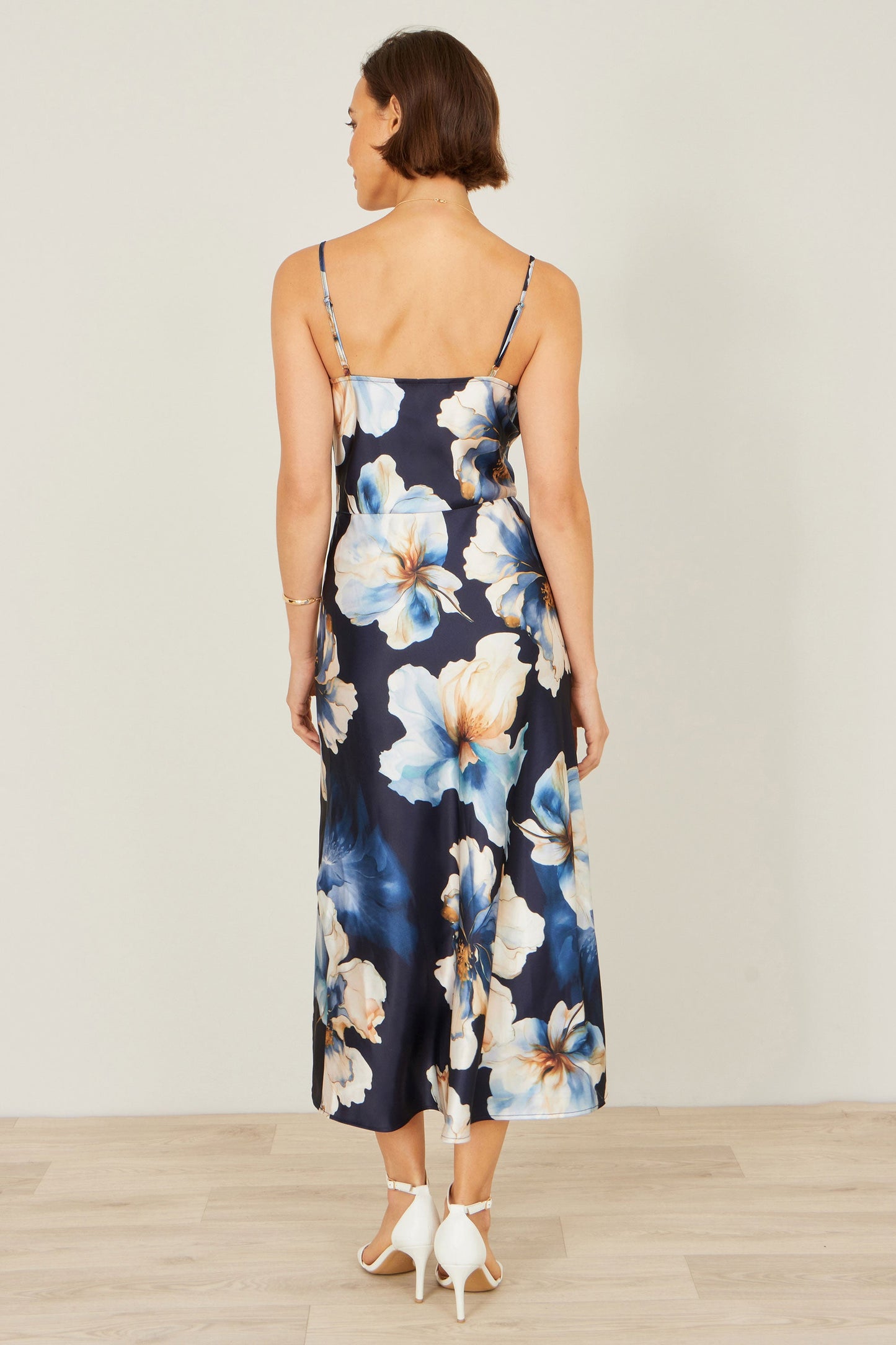 Navy Cowl Neck Satin Floral Dress