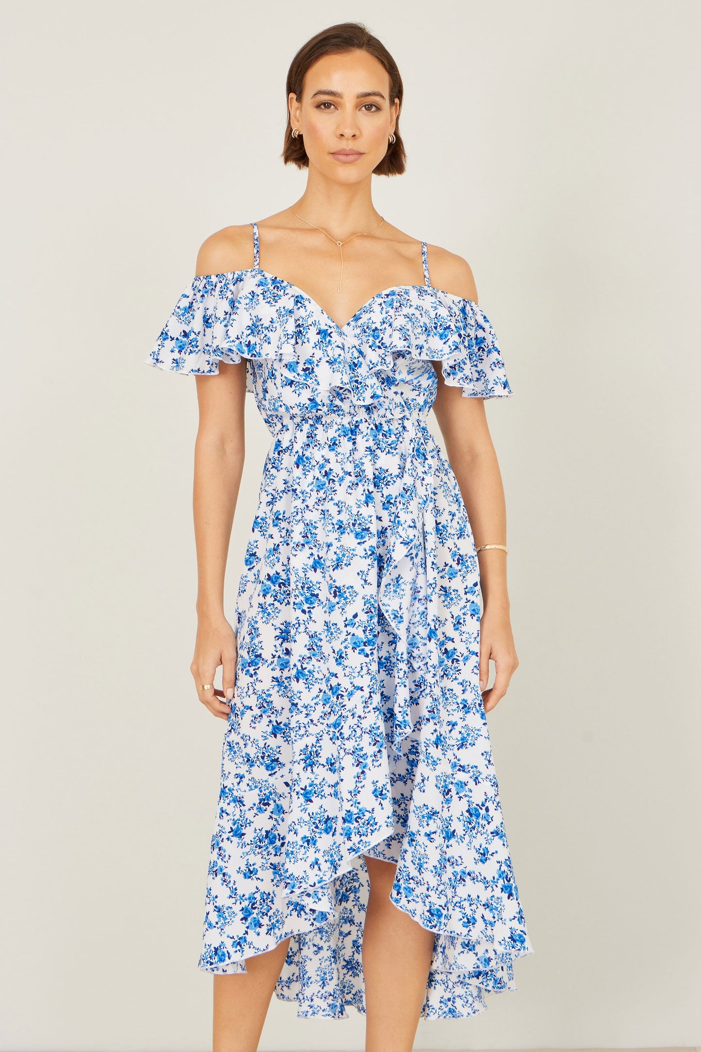 Blue Floral Print Bardot Midi Dress With Dip Hem
