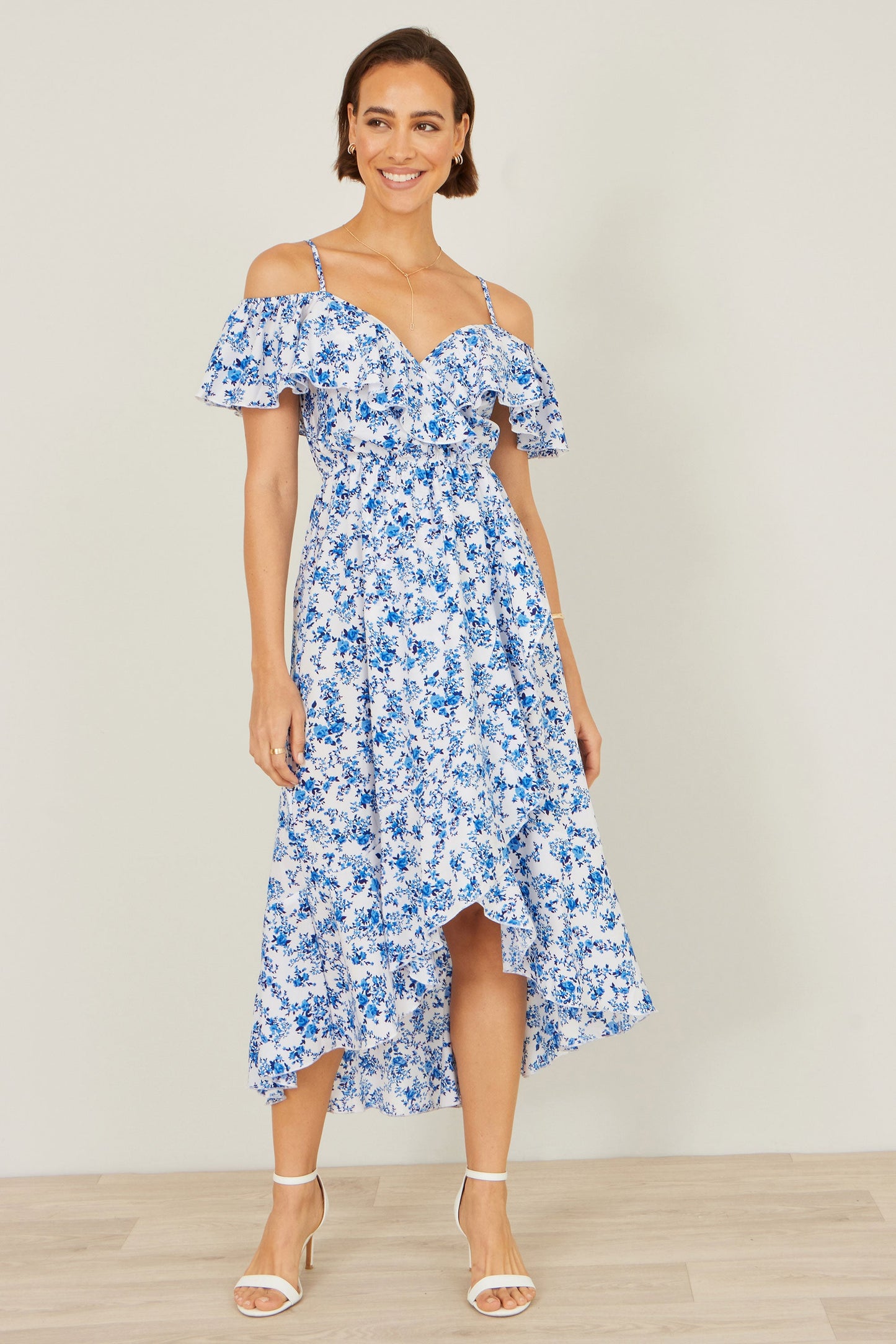 Blue Floral Print Bardot Midi Dress With Dip Hem