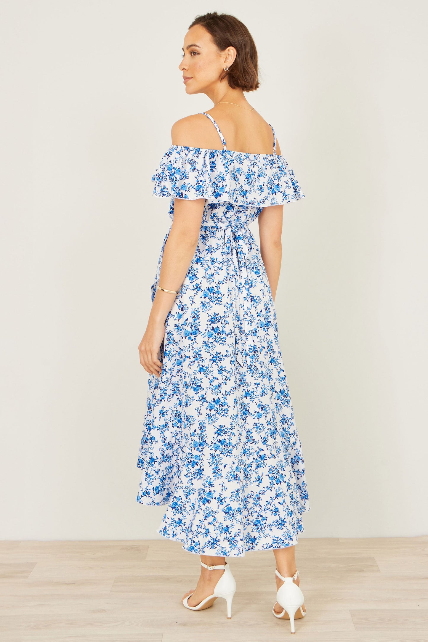 Blue Floral Print Bardot Midi Dress With Dip Hem