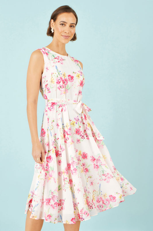 White Delicate Floral Midi Skater Dress