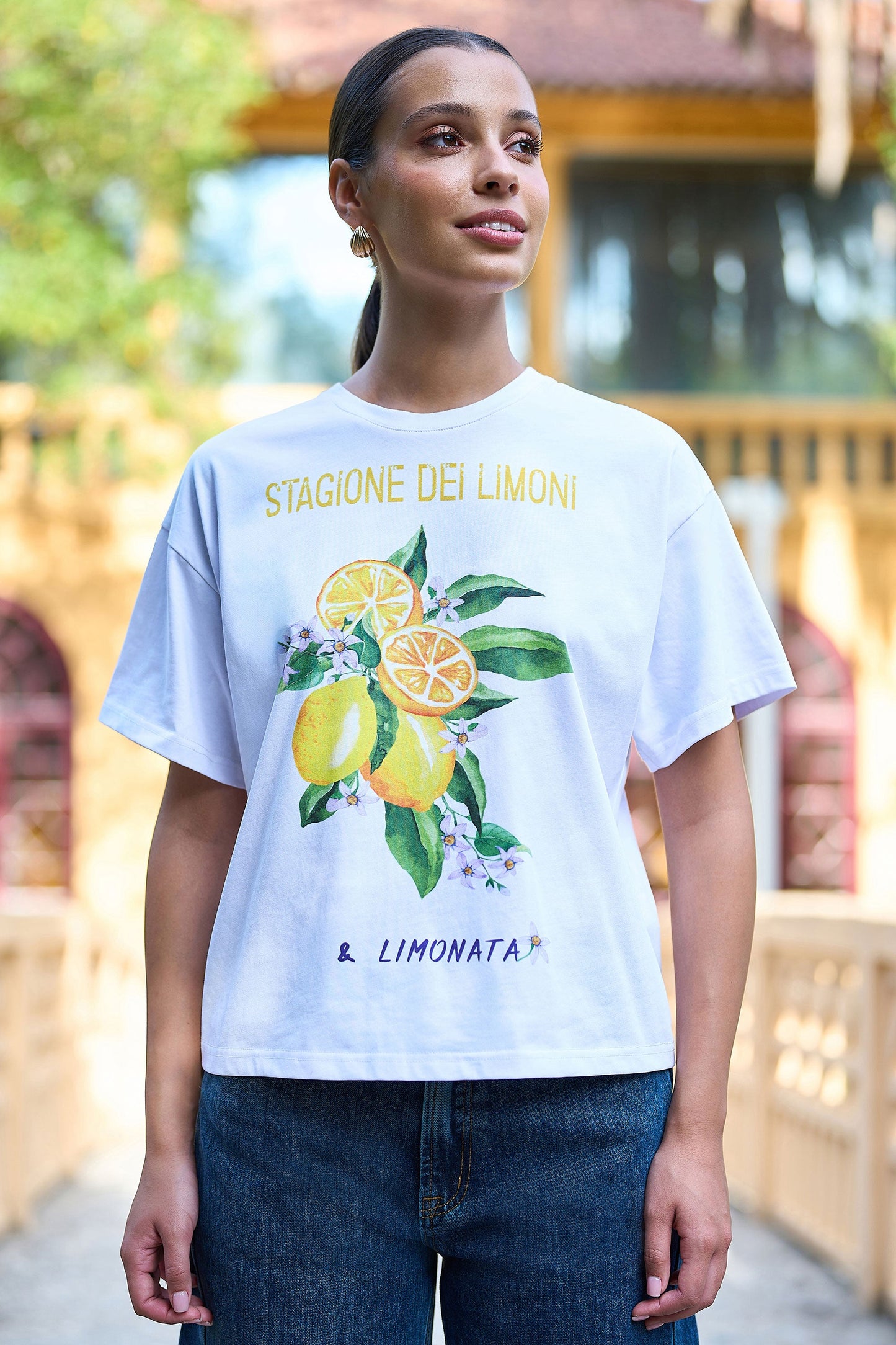 White Retro Relaxed Lemon Print Cotton T Shirt