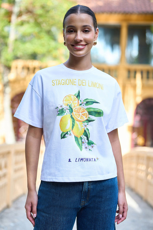 White Retro Relaxed Lemon Print Cotton T Shirt